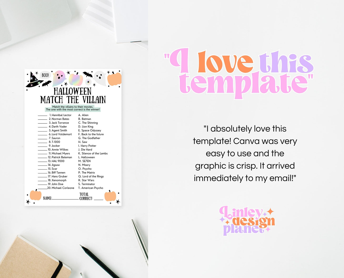 Halloween Movie Villain Match Up Game, Halloween Printable Game, Halloween Trivia, Scary Movie Trivia, Halloween Party Quiz, Printable