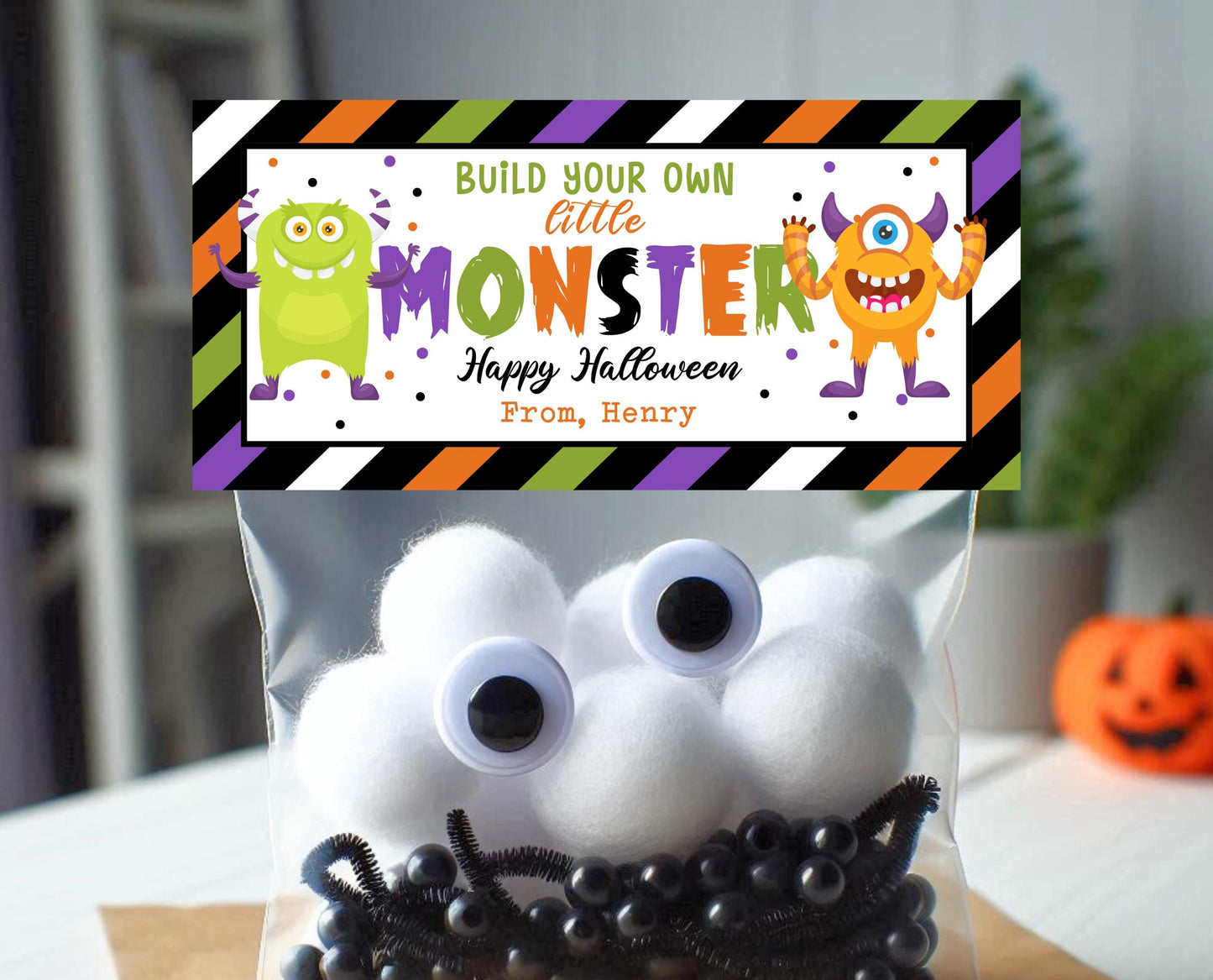 Make Your Own Monster Halloween Bag Topper Template, Monster Favor Party Tag, Trick or Treat Kids School Gift, Monster Bag Label Template