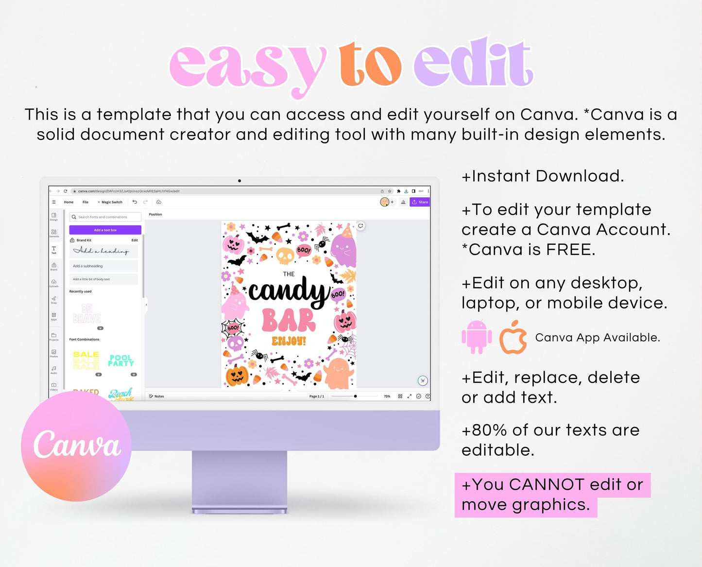 Candy Bar Sign Spooky Birthday, Halloween Birthday Candy Sign, Spooky Party Sign, Pink And Purple Halloween Decor, Printable, PHBP01