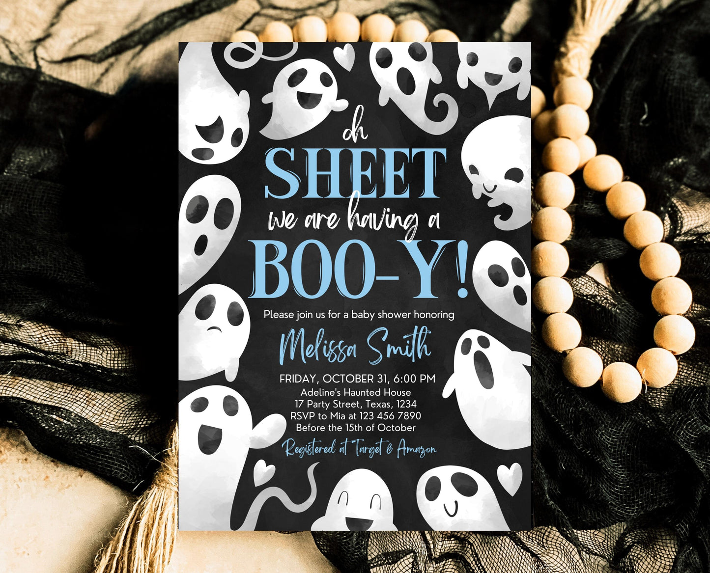 Editable Oh Sheet It's a Boo-y Baby Shower Invitation, Blue Boy Halloween Baby Shower Invitation Template, Ghosts Baby Shower Invite, HBSC03