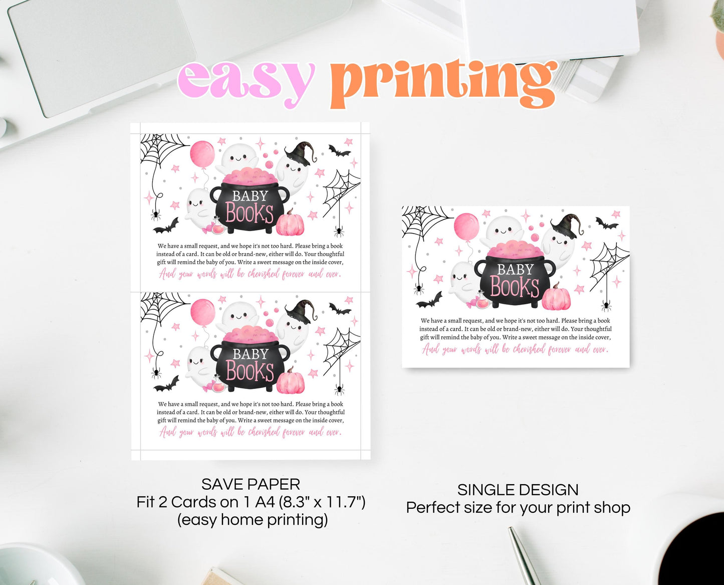 Editable Pink Halloween Baby Book Insert Card, Pink Witch Baby Shower Baby Books, Girl A Little Boo Is Almost Due Book Request Card, HBSC08