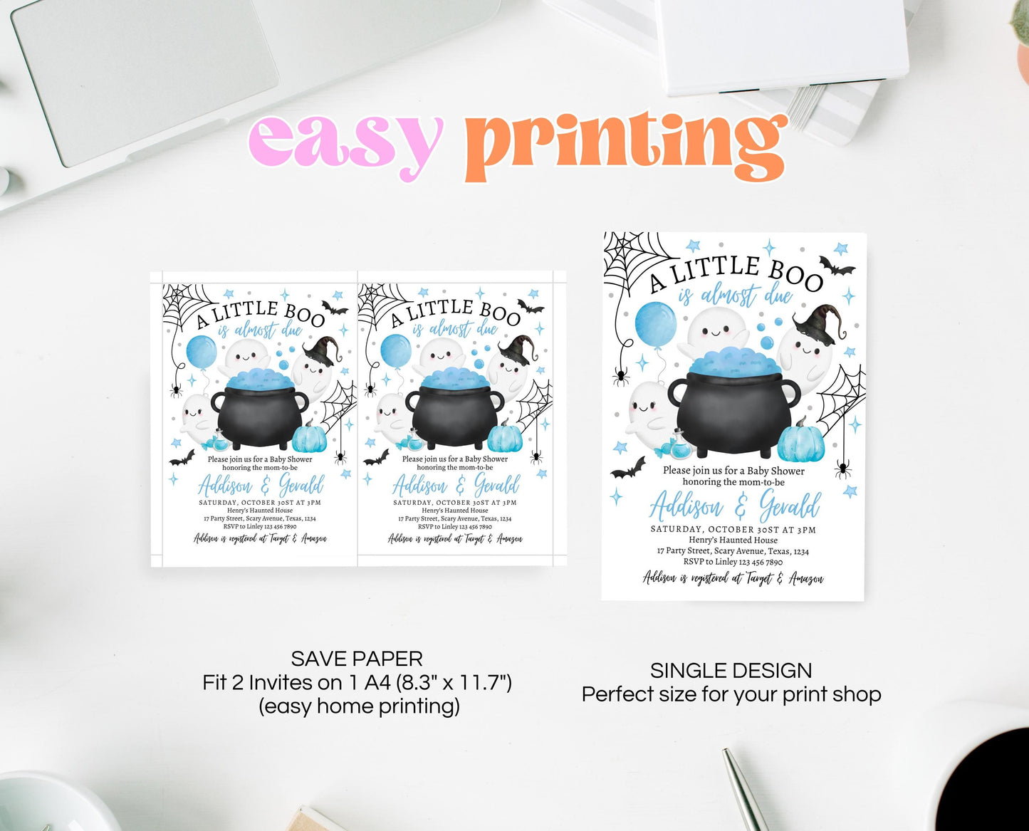 Editable Little Boo Baby Shower Invitation, Boy Ghost Baby Shower Invitation, Blue Halloween Invitation, Witch Baby Shower Invite, HBSC09