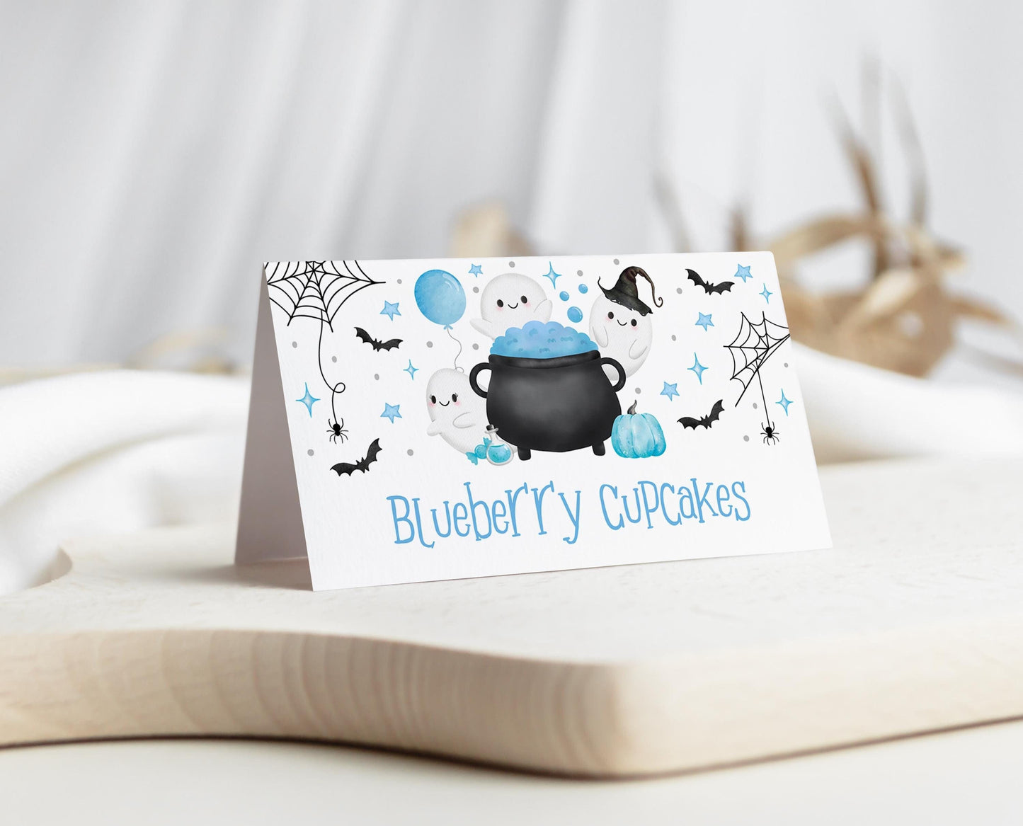 Editable A Little Boo Is Almost Due Baby Shower Food Label, Blue Boy Baby Shower Tent Cards, Halloween Boy Baby Shower Food Cards, HBSC09