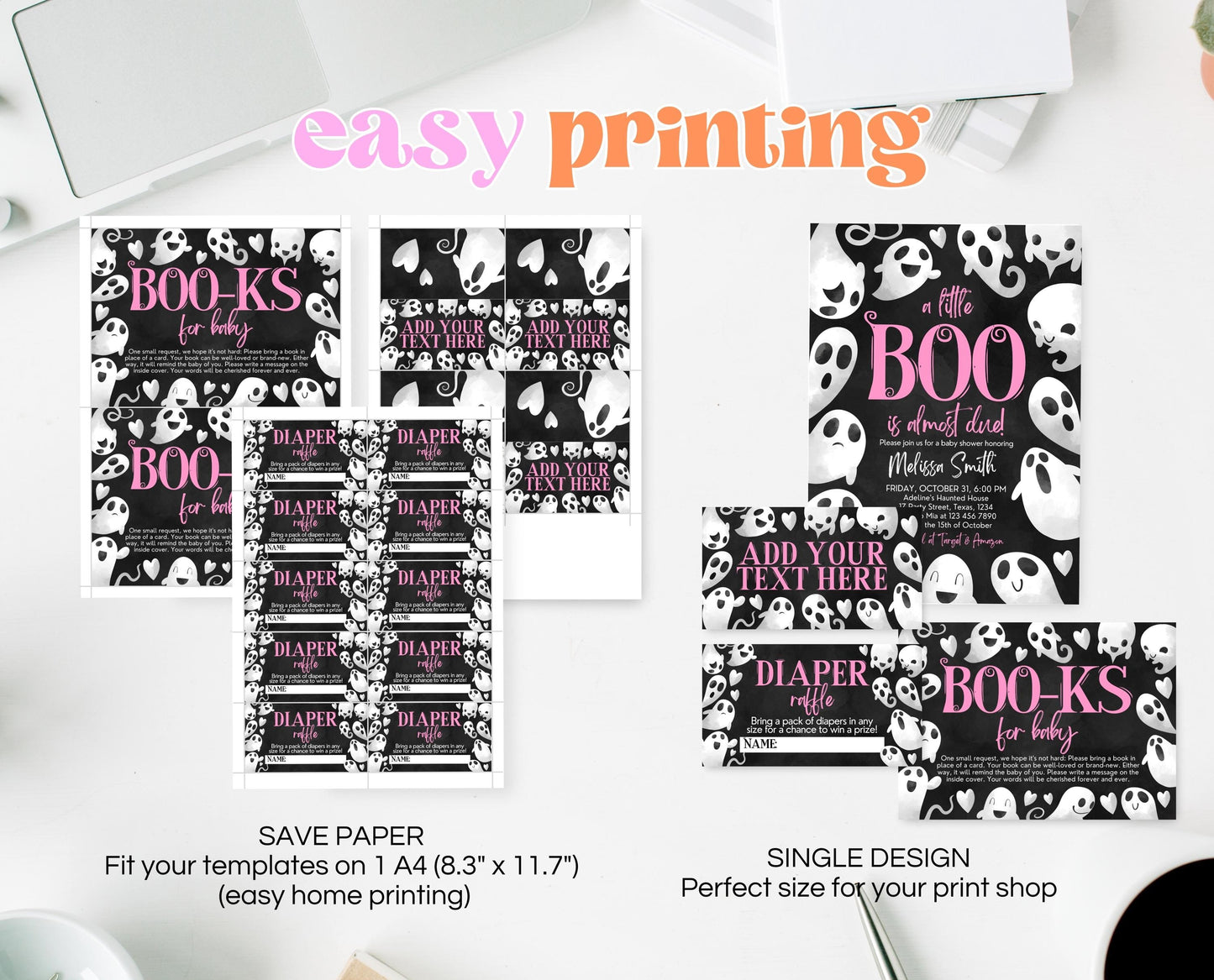Editable Halloween Baby Shower Invitation Bundle, Pink Girl Halloween Baby Shower Invitation Set, Ghost Little Boo Baby Shower Pack, HBSC04