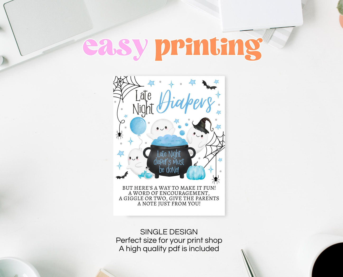 Late Night Diapers Sign Halloween Baby Shower, Blue Halloween Baby Shower, Printable Sign, A Little Boo Is Almost Due Baby Shower, HBSC09