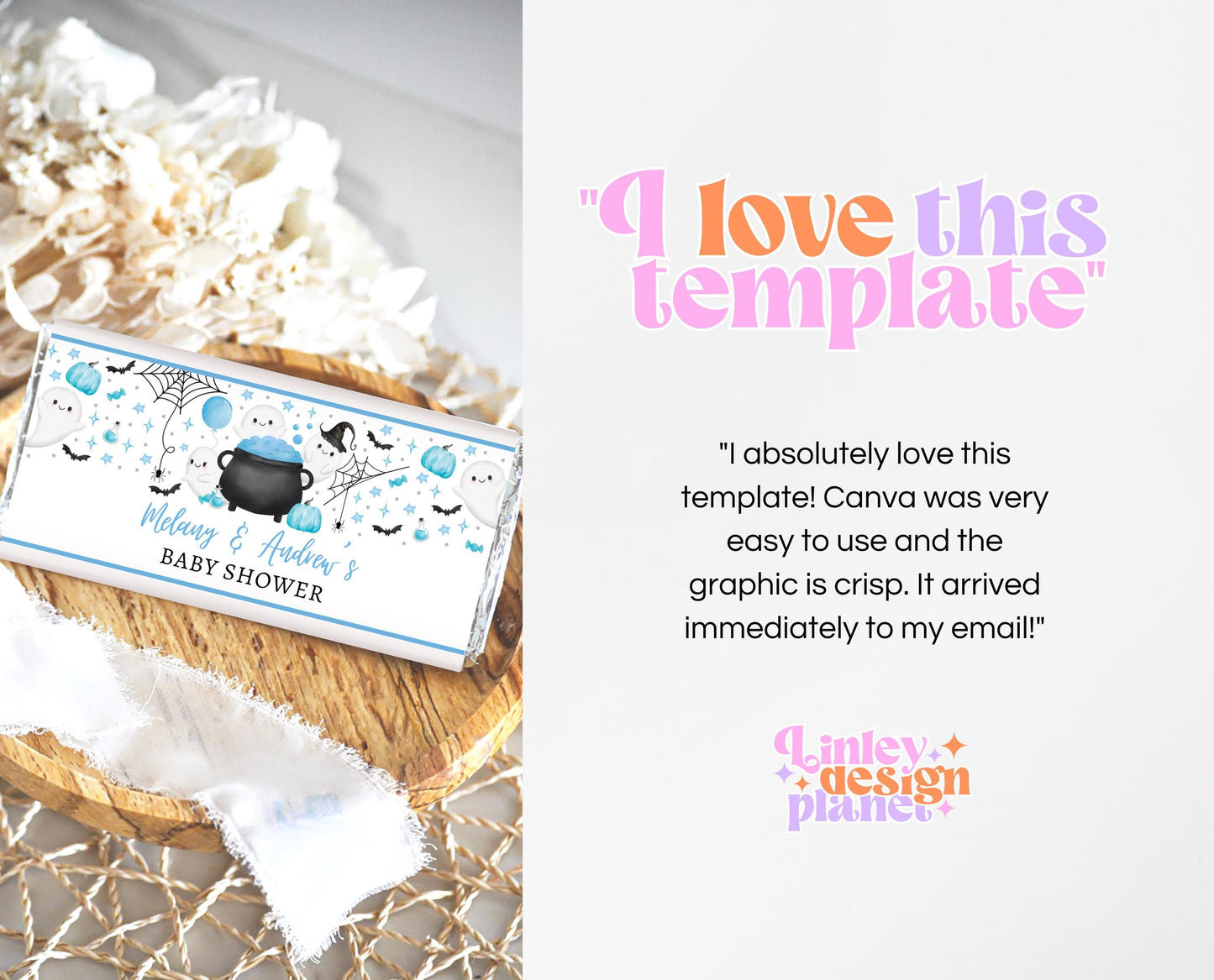 Editable Pink Halloween Baby Shower Chocolate Wrapper, Blue Witch Candy Bar Label, Girl A Little Boo Is Almost Due Chocolate Label, HBSC09