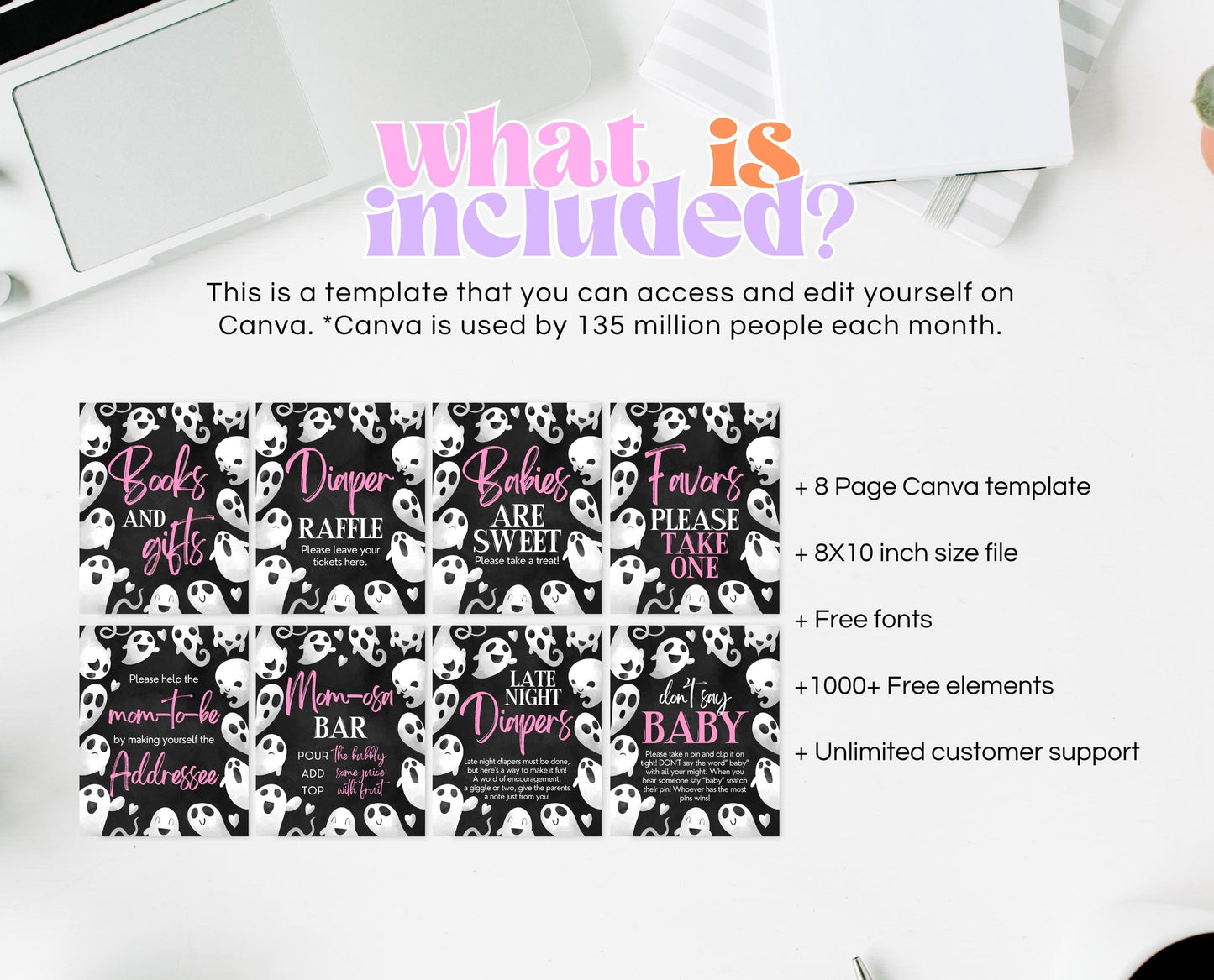 Editable Pink Ghost Halloween Baby Shower Sign Bundle, Girl Halloween Baby Shower Sign Set, Printable Halloween Sign, Pink Halloween, HBSC04