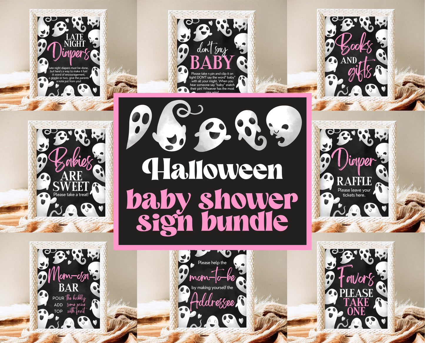 Editable Pink Ghost Halloween Baby Shower Sign Bundle, Girl Halloween Baby Shower Sign Set, Printable Halloween Sign, Pink Halloween, HBSC04