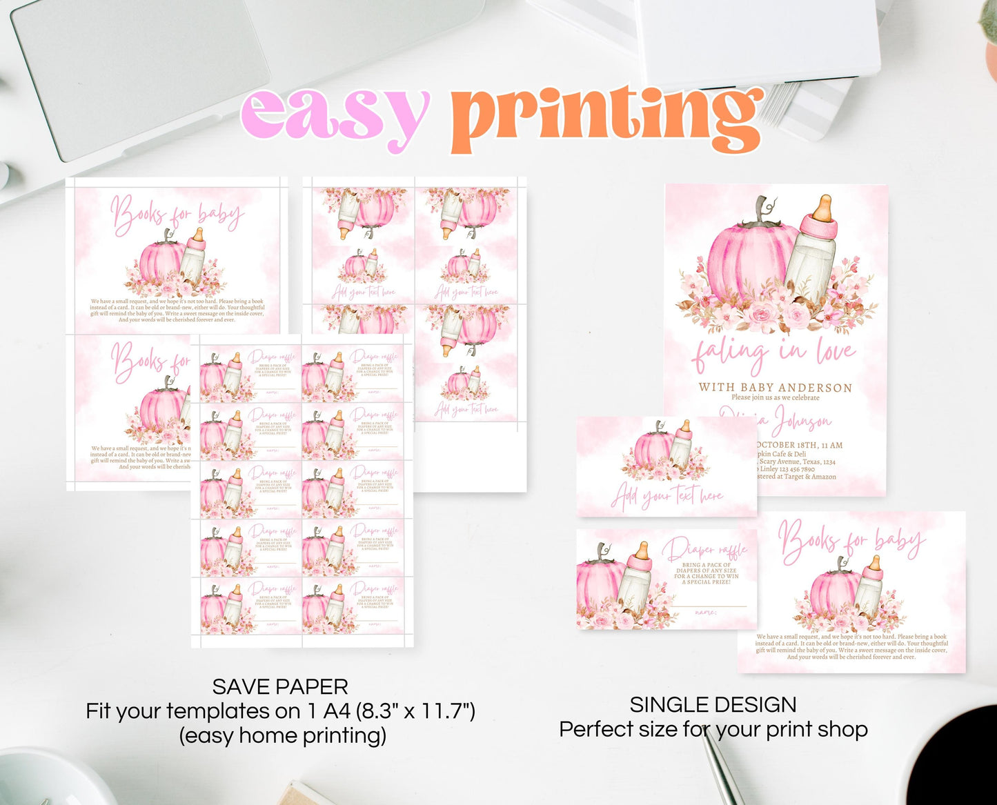 Editable Girl Fall Baby Shower Invitation Bundle, Pink Fall Pumpkin Baby Shower, Fall Floral Baby Shower, Autumn Baby Shower, Pink, FPBS02