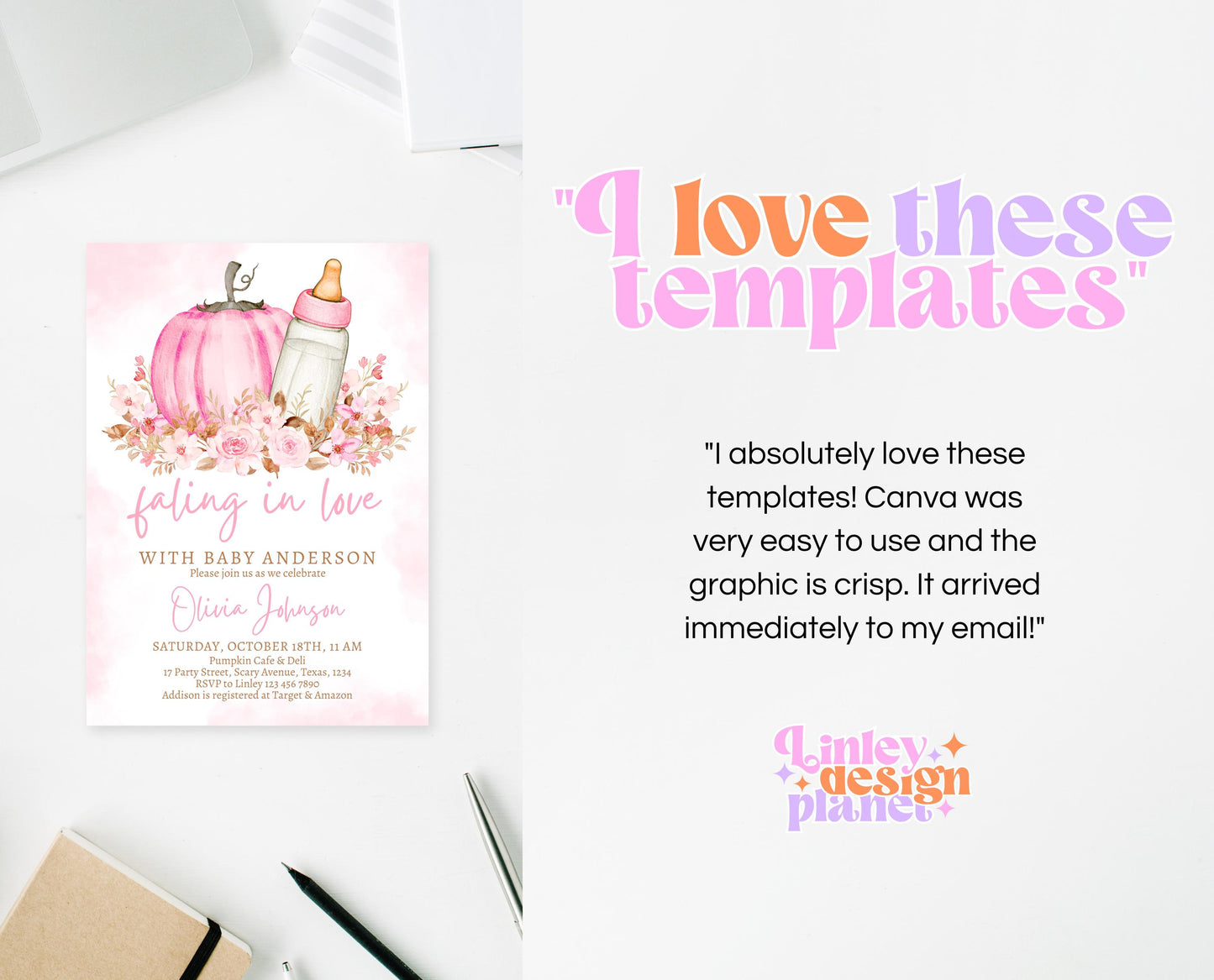 Editable Girl Fall Baby Shower Invitation Bundle, Pink Fall Pumpkin Baby Shower, Fall Floral Baby Shower, Autumn Baby Shower, Pink, FPBS02