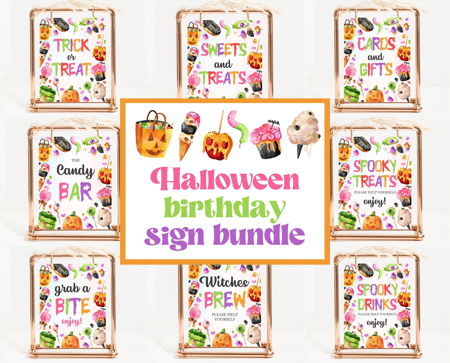 Editable Halloween Candy Birthday Sign Bundle, Halloween Birthday Sign, Halloween Sweets Sign, Pink And Orange, Template, Printable, CHBP01