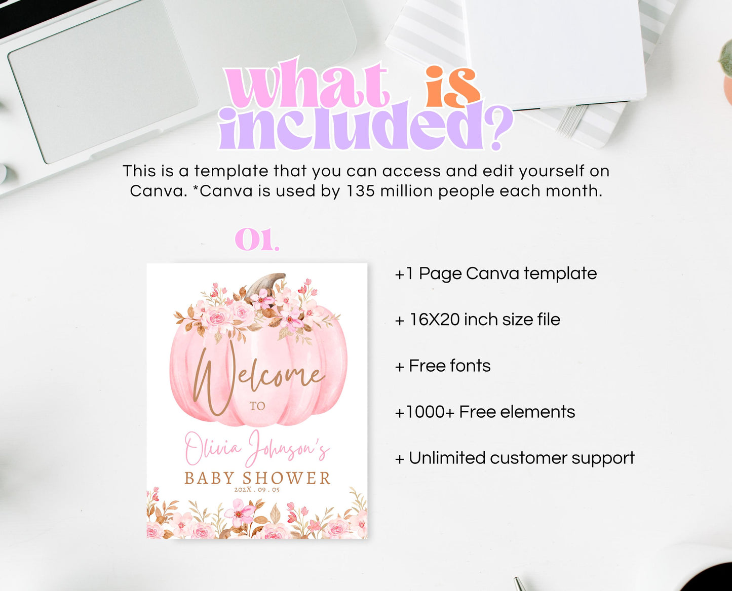 Editable Fall Baby Shower Welcome Sign, Pink Pumpkin Baby Shower Sign, Girl Baby Shower, Pink Autumn Baby Shower, Welcome Poster, FPBS04