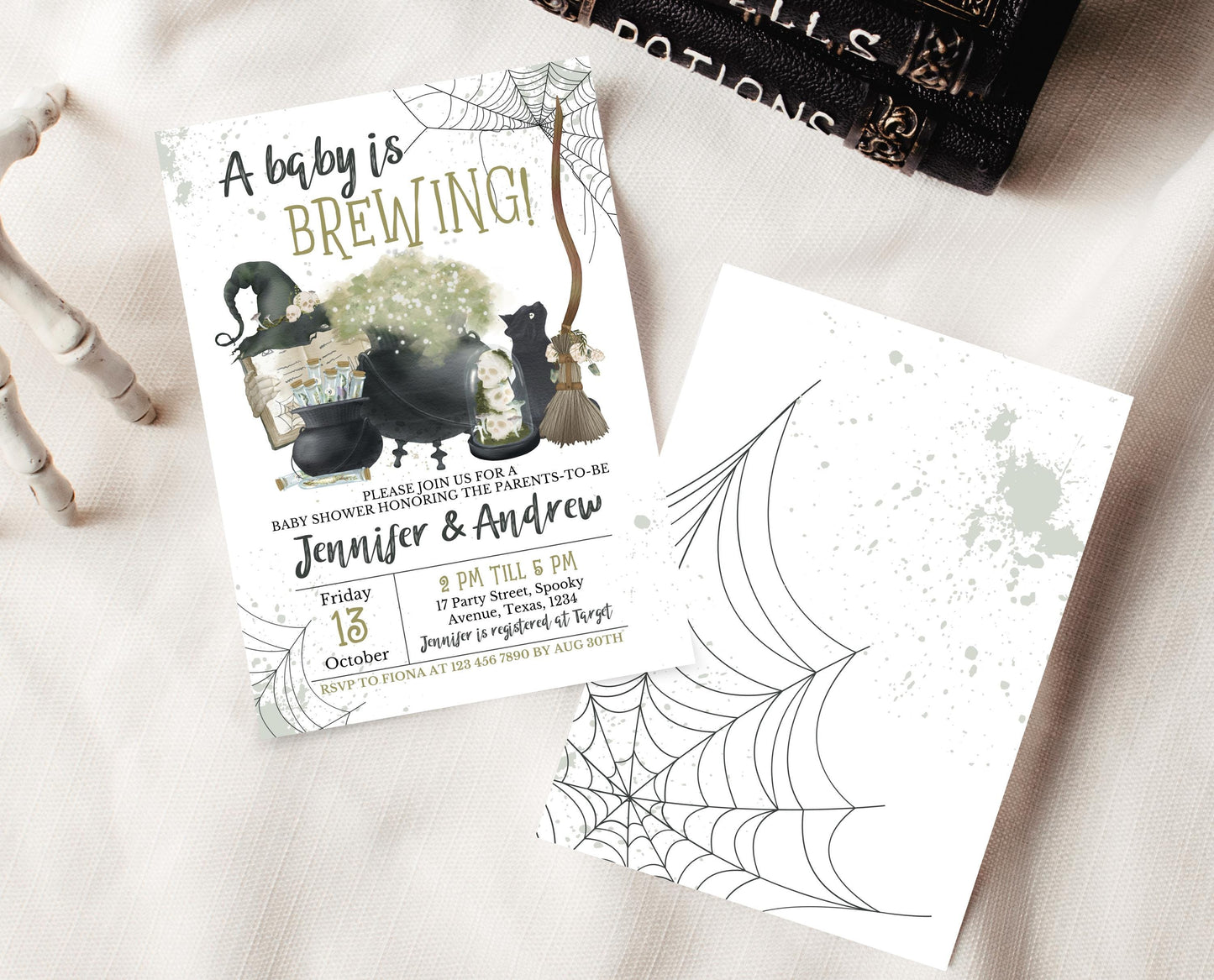 Editable A Baby is Brewing Halloween Baby Shower Invitation, Cauldron Halloween Baby Shower Invitation Template, Witch Baby Shower, HBSC05