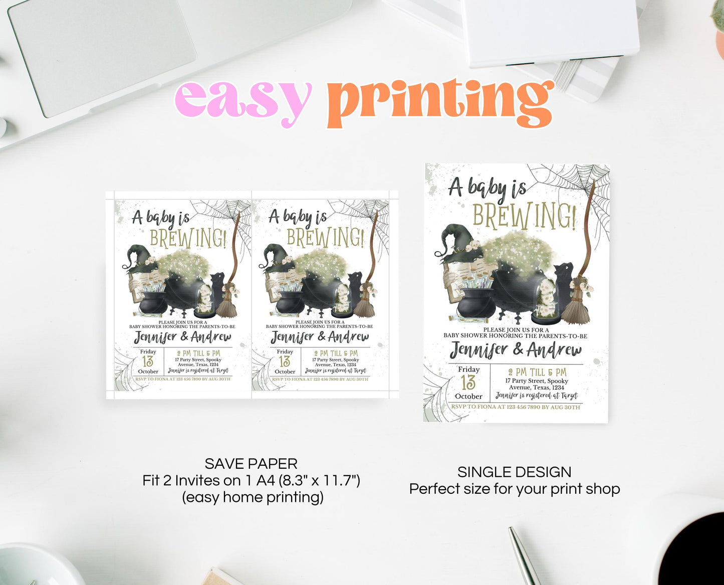 Editable A Baby is Brewing Halloween Baby Shower Invitation, Cauldron Halloween Baby Shower Invitation Template, Witch Baby Shower, HBSC05