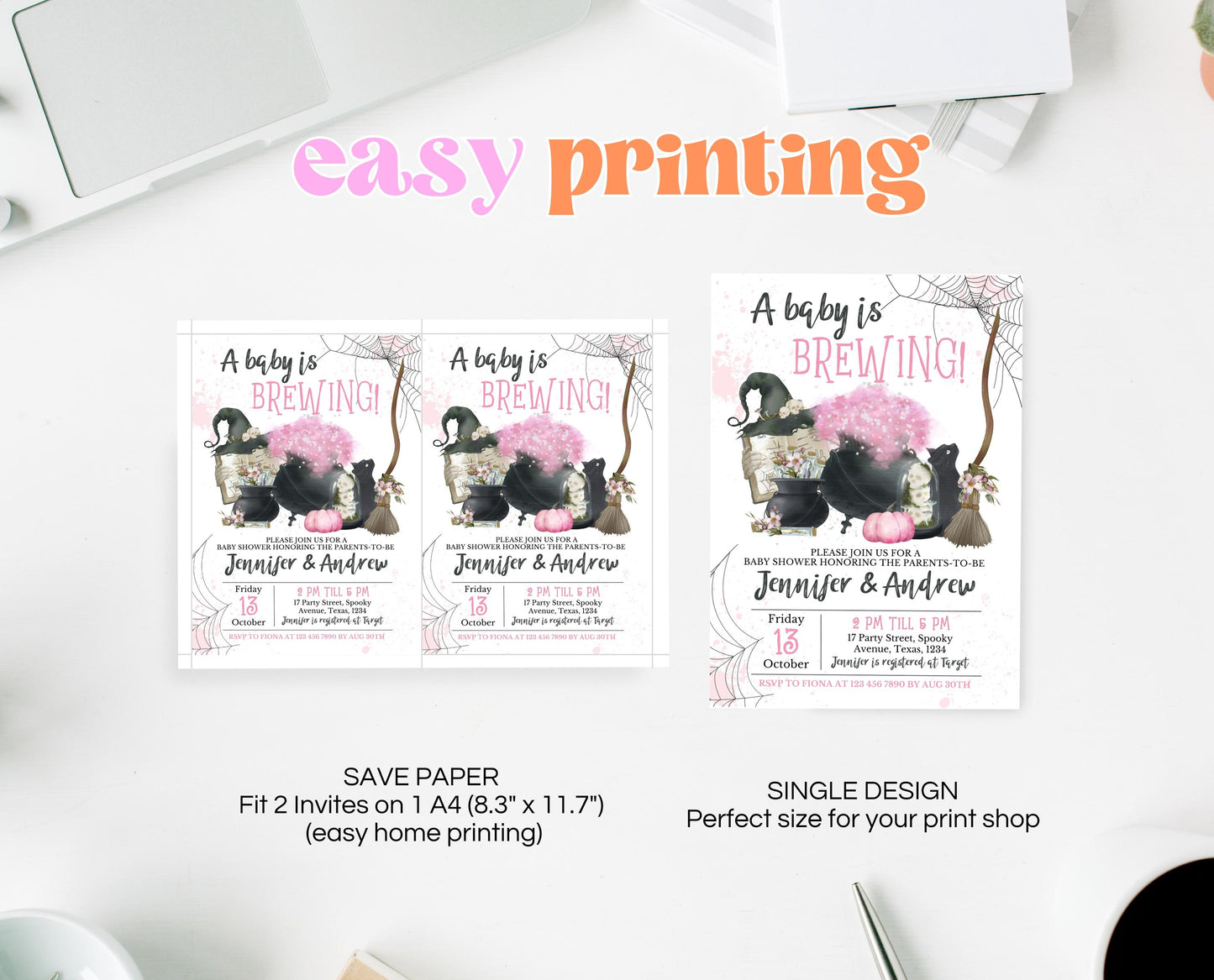 Editable A Baby Is Brewing Shower Invitation, Pink Witch Baby Shower Invitation, A Baby Girl Is Brewing Invitation, Cauldron Invite, HBSC06