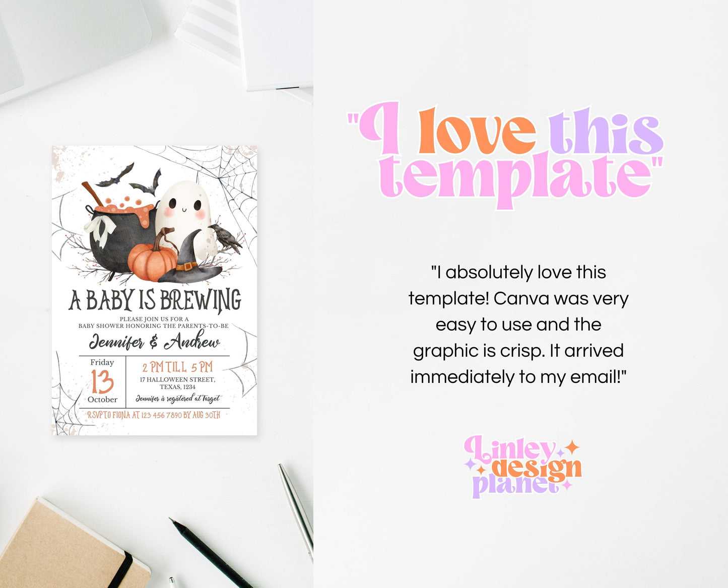 Editable A Baby is Brewing Halloween Invitation, Gender Neutral Halloween Baby Shower Invitation Template, Witch Baby Shower Invite, HBSC01