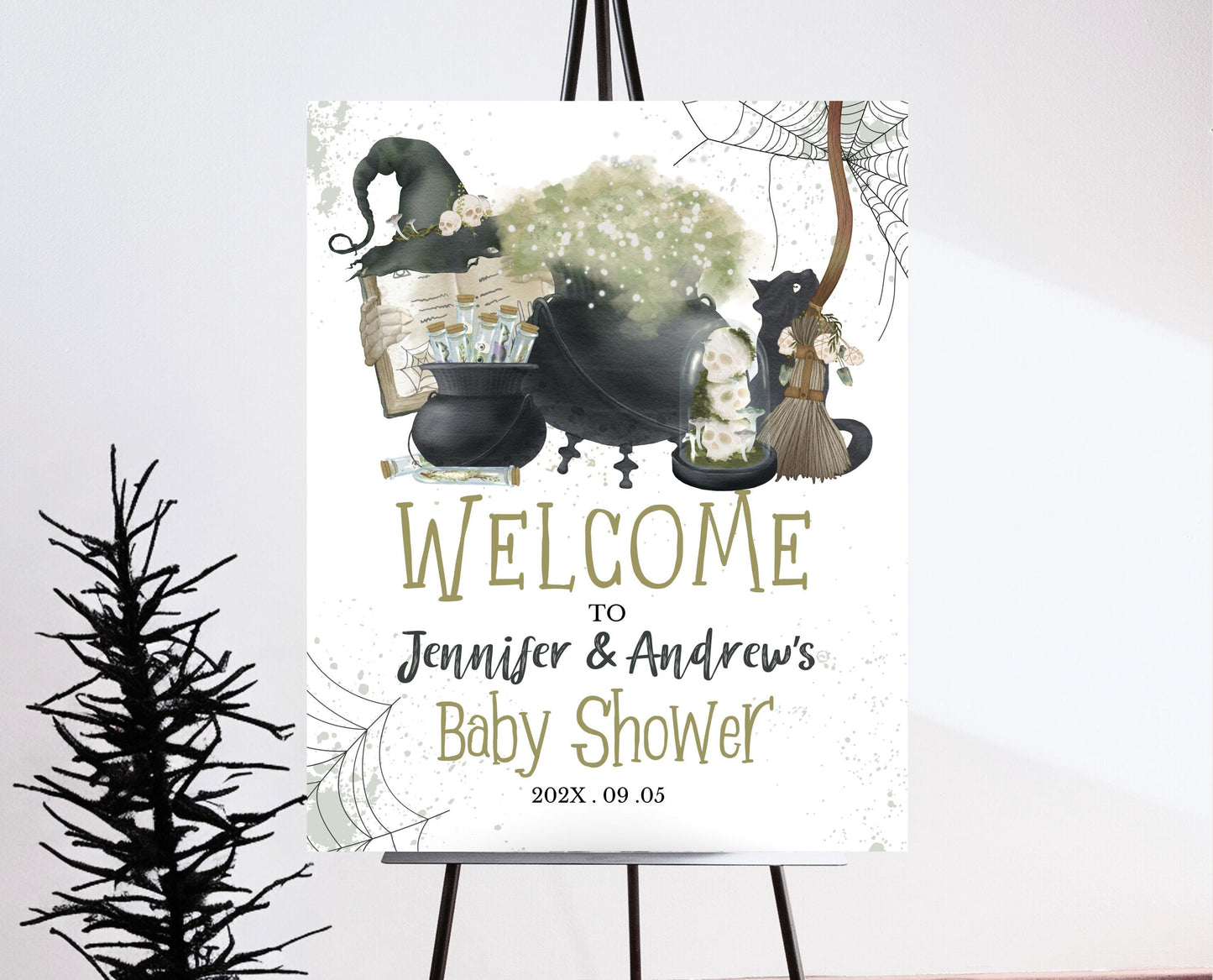 Editable A Baby is Brewing Halloween Baby Shower Welcome Sign, Green Boy Halloween Baby Shower Sign Template, Witch Baby Shower, HBSC05