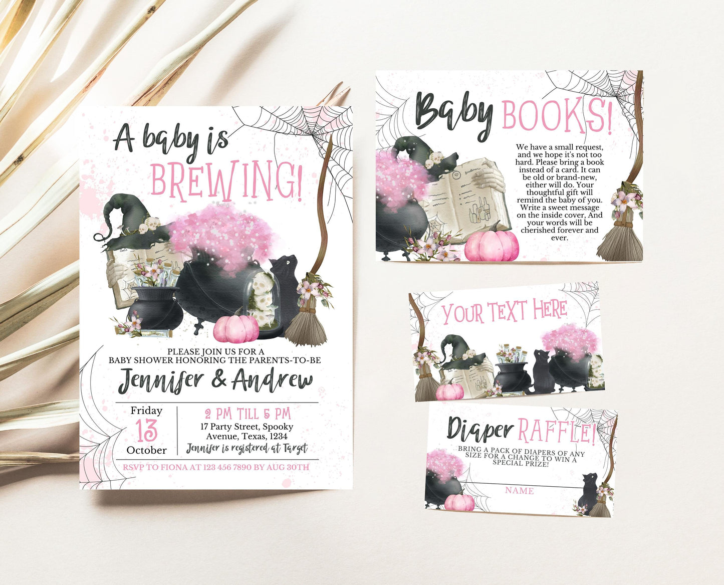 Editable A Baby is Brewing Halloween Baby Shower Invitation Bundle, Girl Halloween Baby Shower Invitation, Pink Witch Baby Shower, HBSC06