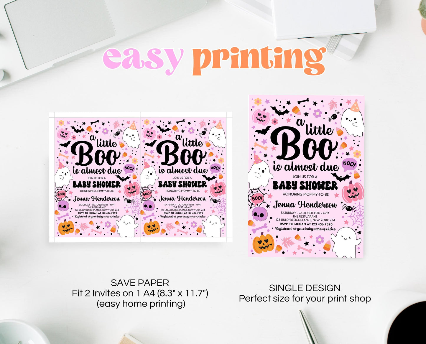Editable Pink Halloween Baby Shower Invitation, A Little Boo Is Almost Due Baby Shower Invitation, Halloween Baby Shower Template, HBSC07