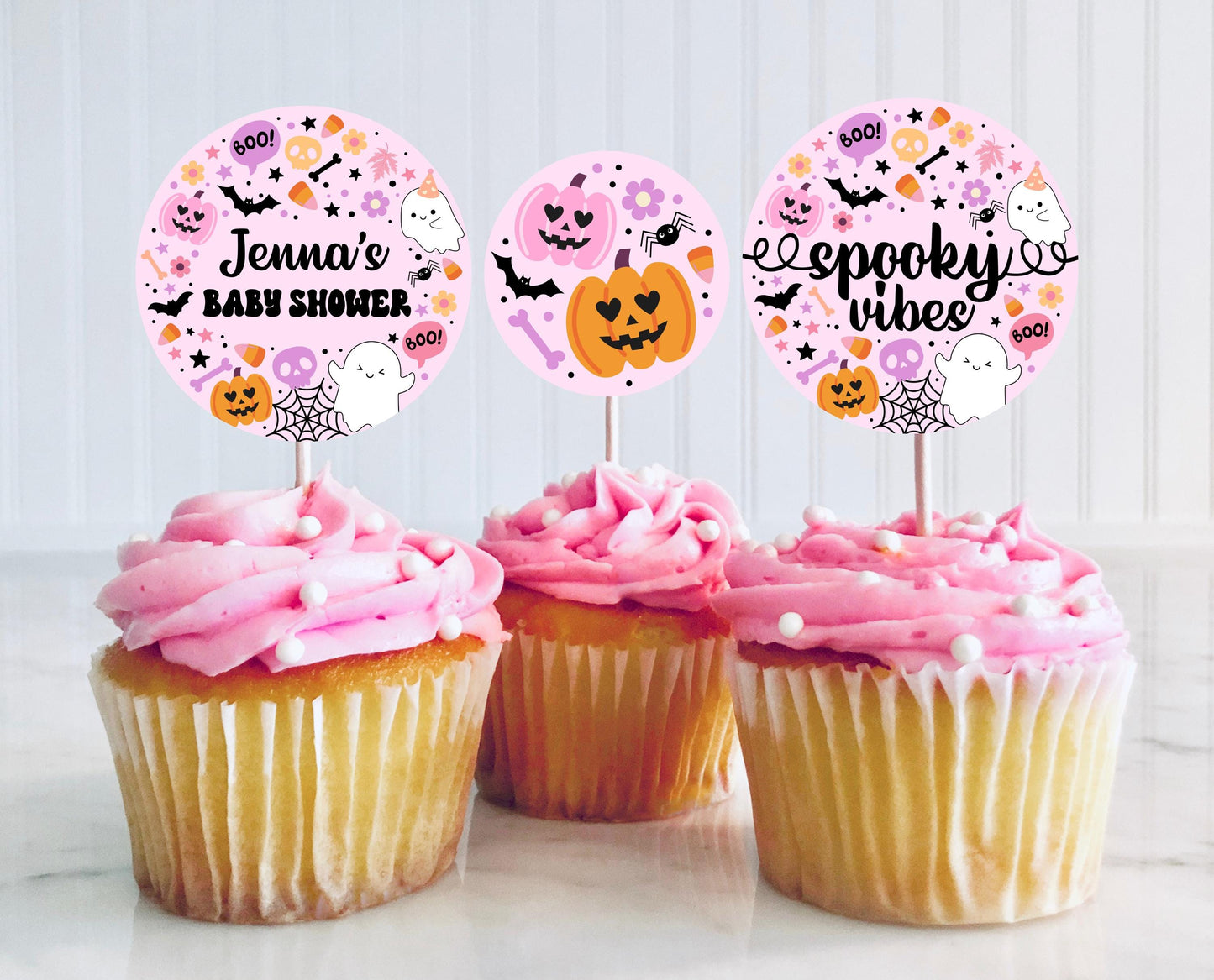 Editable A Little Boo Is Almost Due Baby Shower Cupcake Toppers, Pink Girl Baby Shower Cake Topper, Halloween Baby Shower Stickers, HBSC07