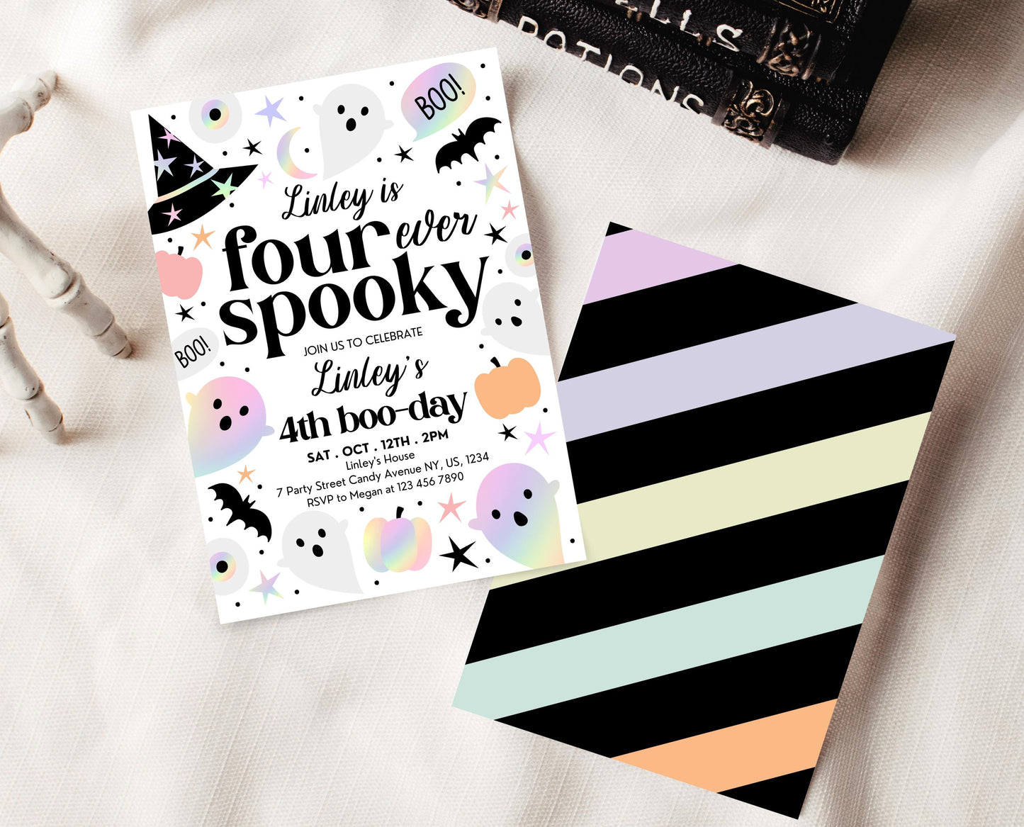 Editable Pastel Halloween Fourth Birthday Invitation, Holographic Halloween, Four Ever Spooky Invite, Halloween Template, Printable, PHBP02