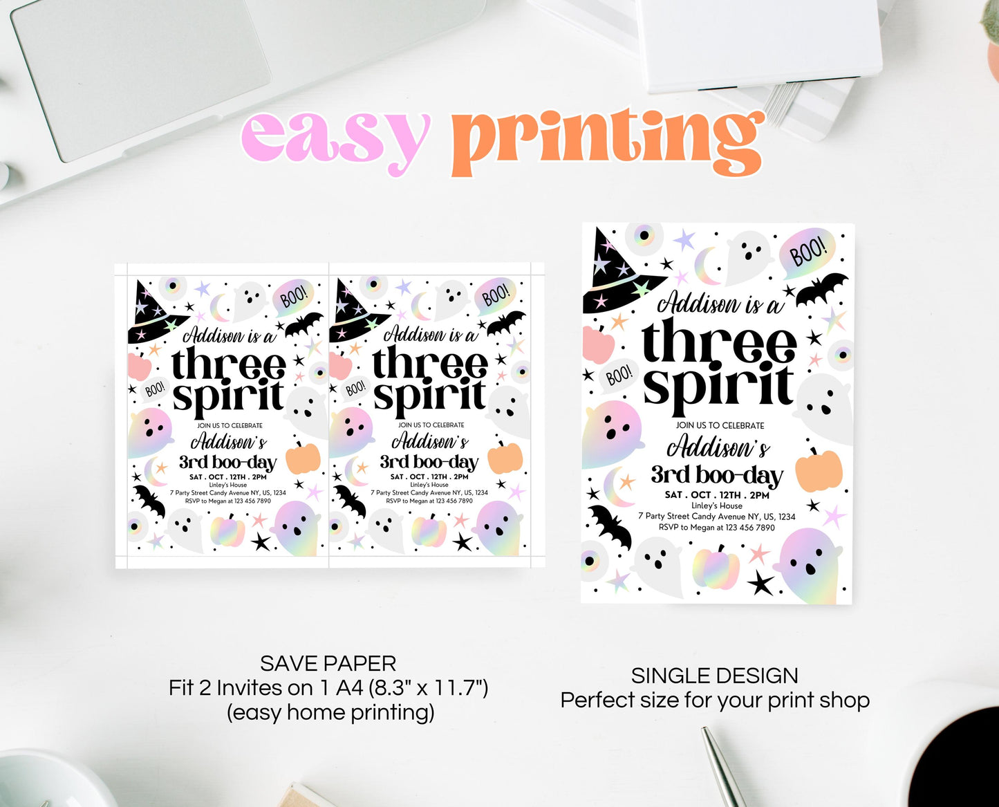 Editable Pastel Halloween Third Birthday Invitation, Holographic Halloween, Girl Three Spirit Invite, Halloween Template, Printable, PHBP02