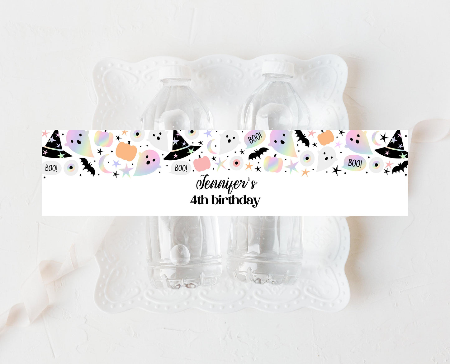 Editable Pastel Halloween Birthday Water Bottle Label, Holographic Halloween Bottle Stickers, Pastel Halloween, Template, Printable, PHBP02
