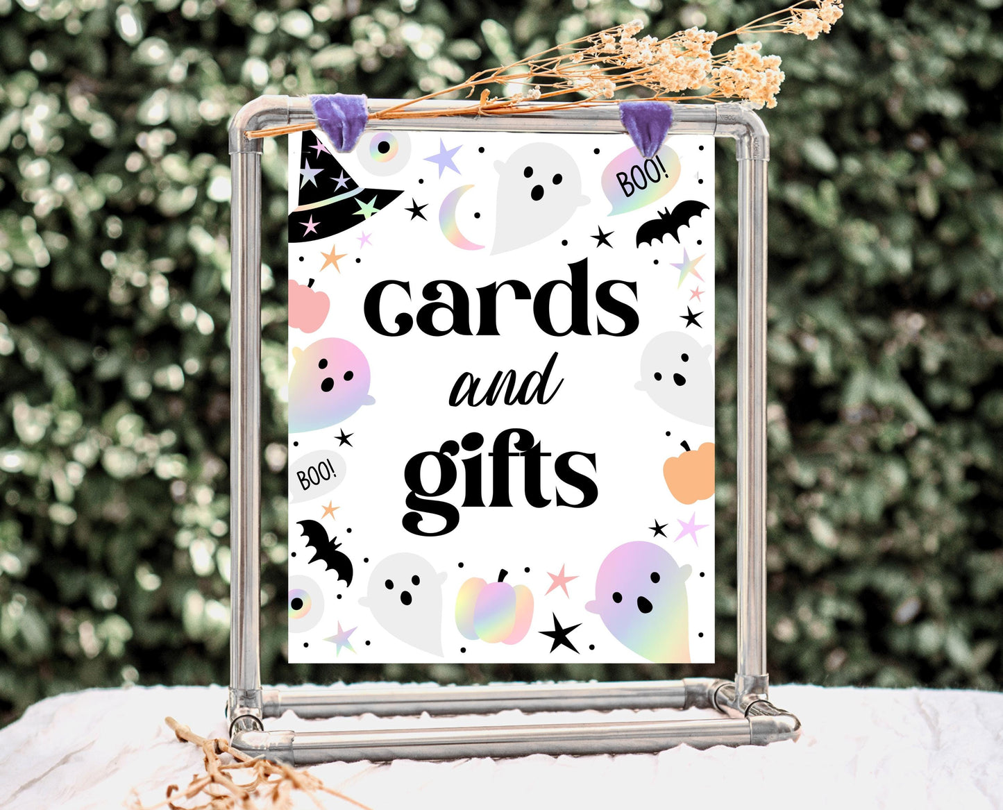 Cards And Gifts Sign Pastel Halloween Birthday, Holographic Halloween Sign, Spooky Sign, Pink And Purple Halloween Decor, Printable, PHBP02
