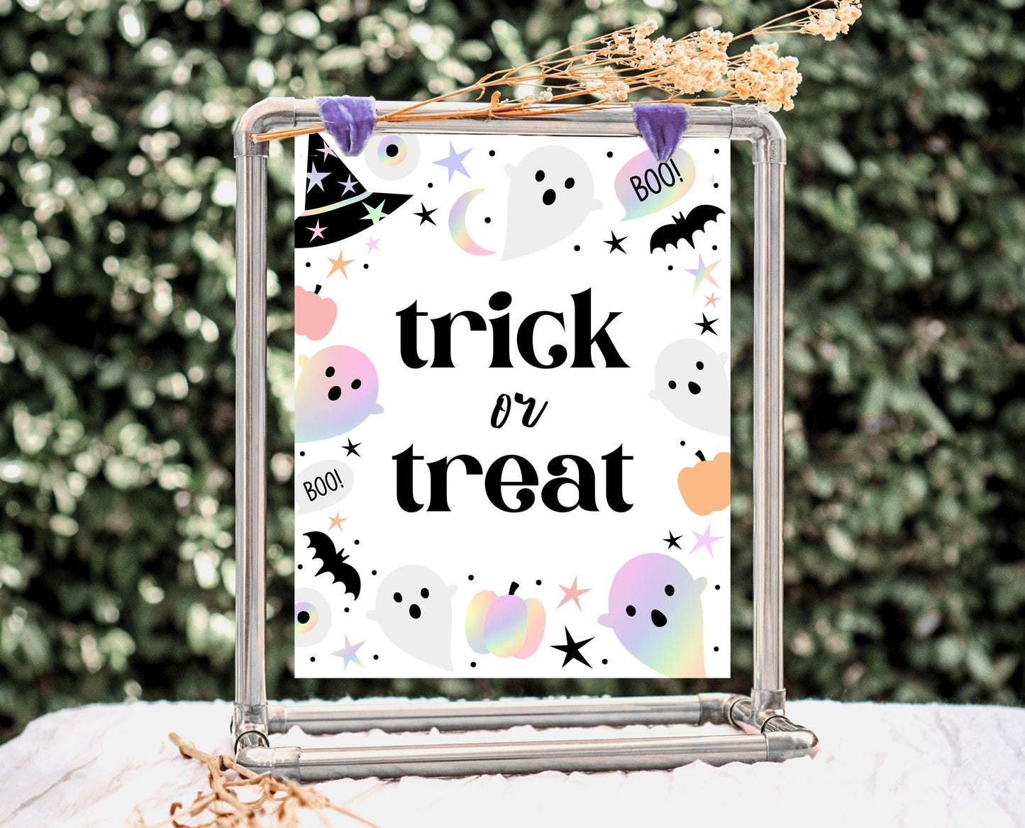 Trick Or Treat Sign Pastel Halloween Birthday, Holographic Halloween Sign, Spooky Sign, Pink And Purple Halloween Decor, Printable, PHBP02