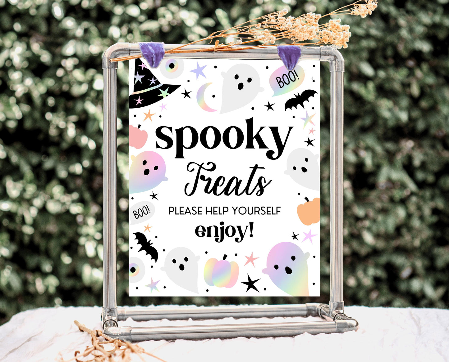 Spooky Treats Sign Pastel Halloween Birthday, Holographic Halloween Sign, Spooky Sign, Pink And Purple Halloween Decor, Printable, PHBP02