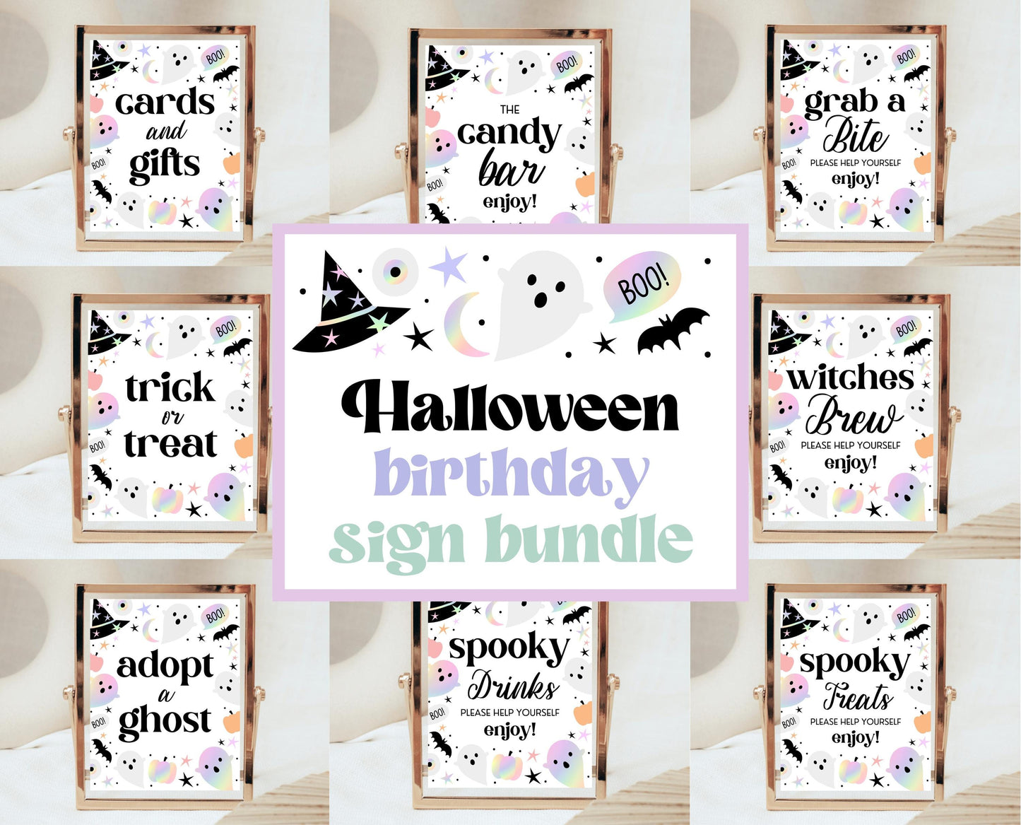 Editable Pastel Halloween Birthday Sign Bundle, Girl Halloween Sign Set, Holographic Halloween, Pink And Purple, Template, Printable, PHBP02