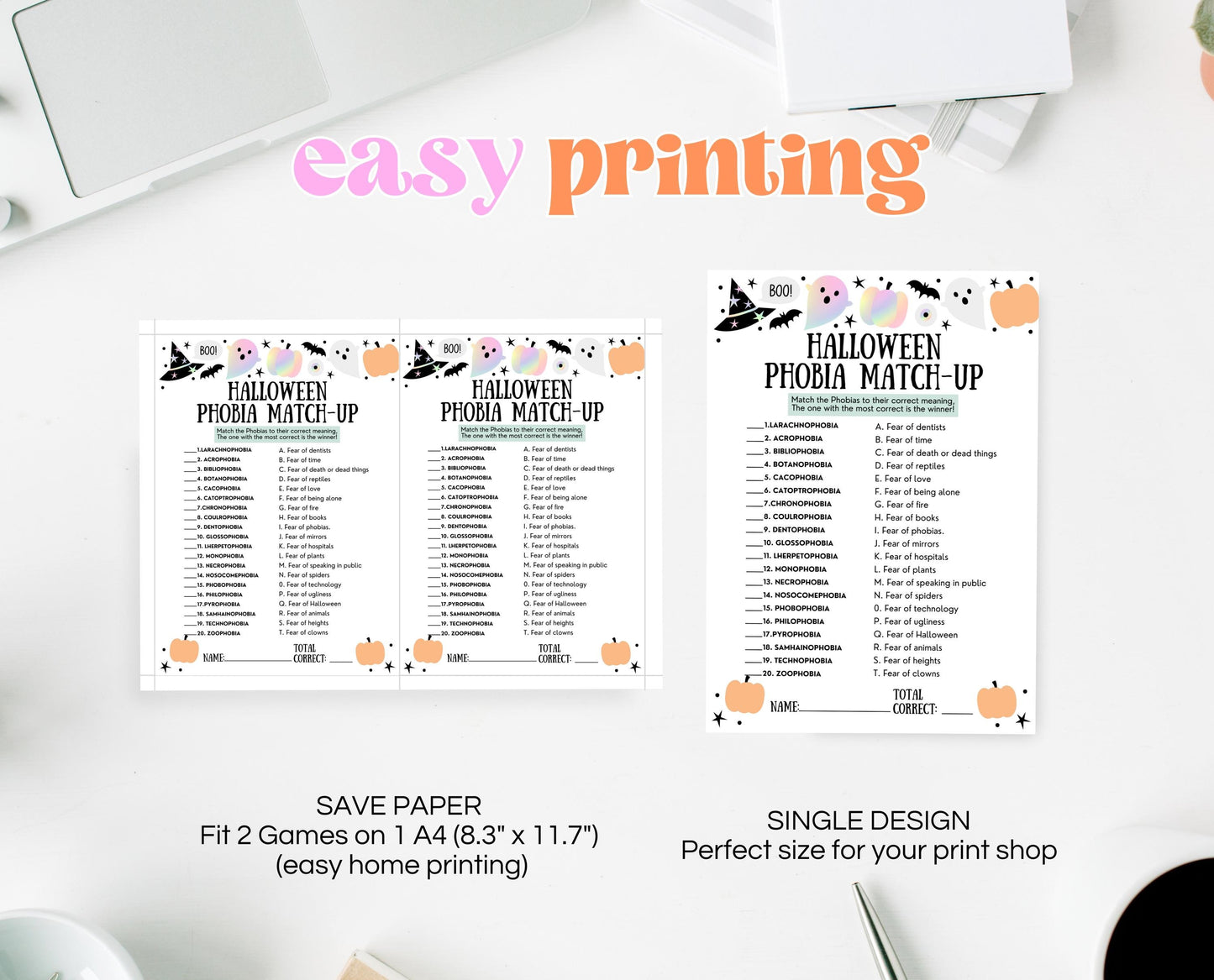 Halloween Phobia Match-Up Game Template, Halloween Trivia, Halloween Party Game, Halloween Fun Games, Halloween Family Party Game