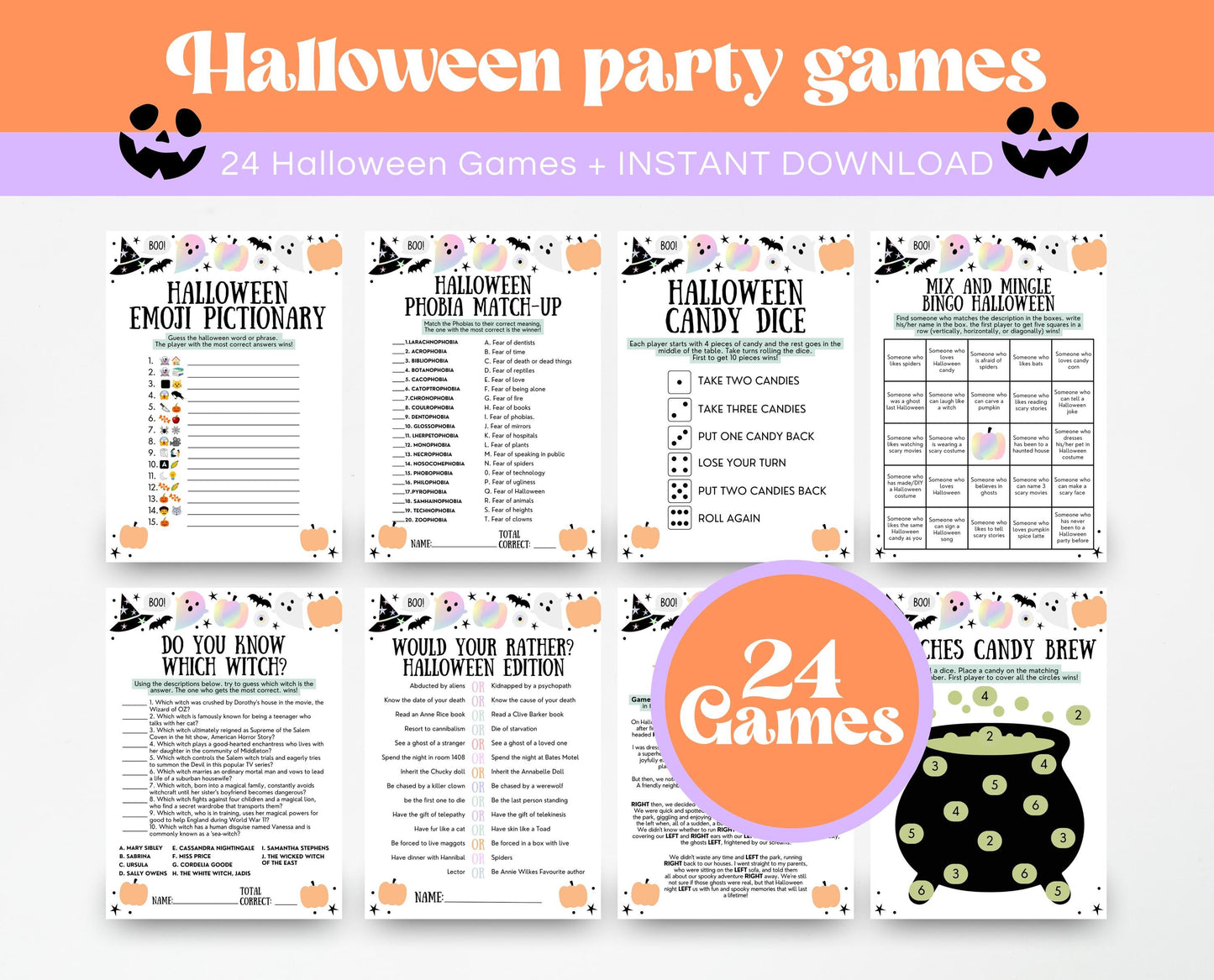Printable 24 Halloween Games Bundle, Halloween Games, Halloween Trivia, Riddle Game, Halloween Activities, Halloween Party Games, Download