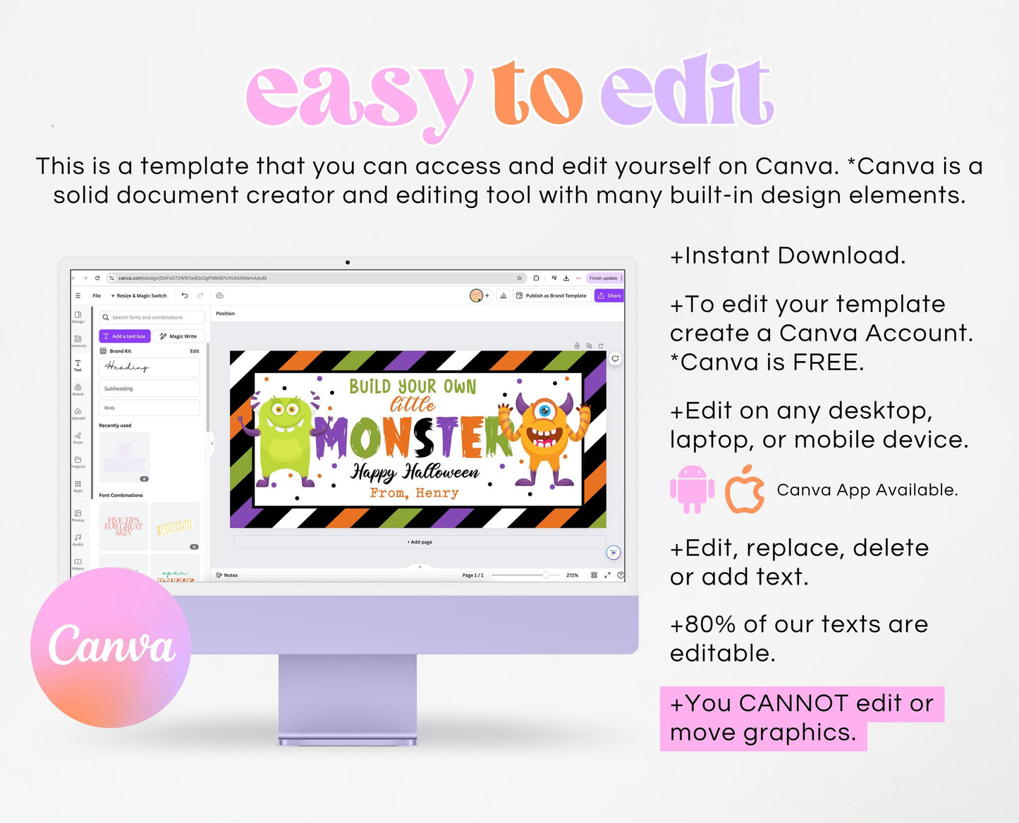 Make Your Own Monster Halloween Bag Topper Template, Monster Favor Party Tag, Trick or Treat Kids School Gift, Monster Bag Label Template
