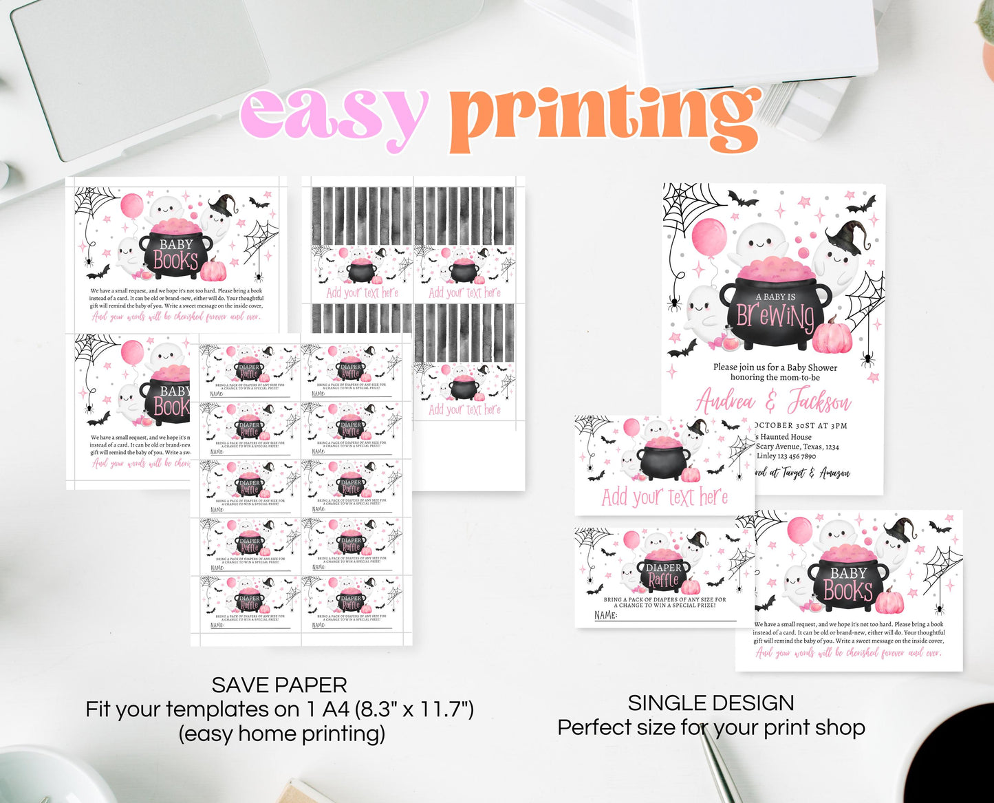 Editable A Baby Is Brewing Halloween Baby Shower Invitation Bundle, Pink Halloween Baby Shower Invite, Girl Baby Shower, Printable, HBSC08