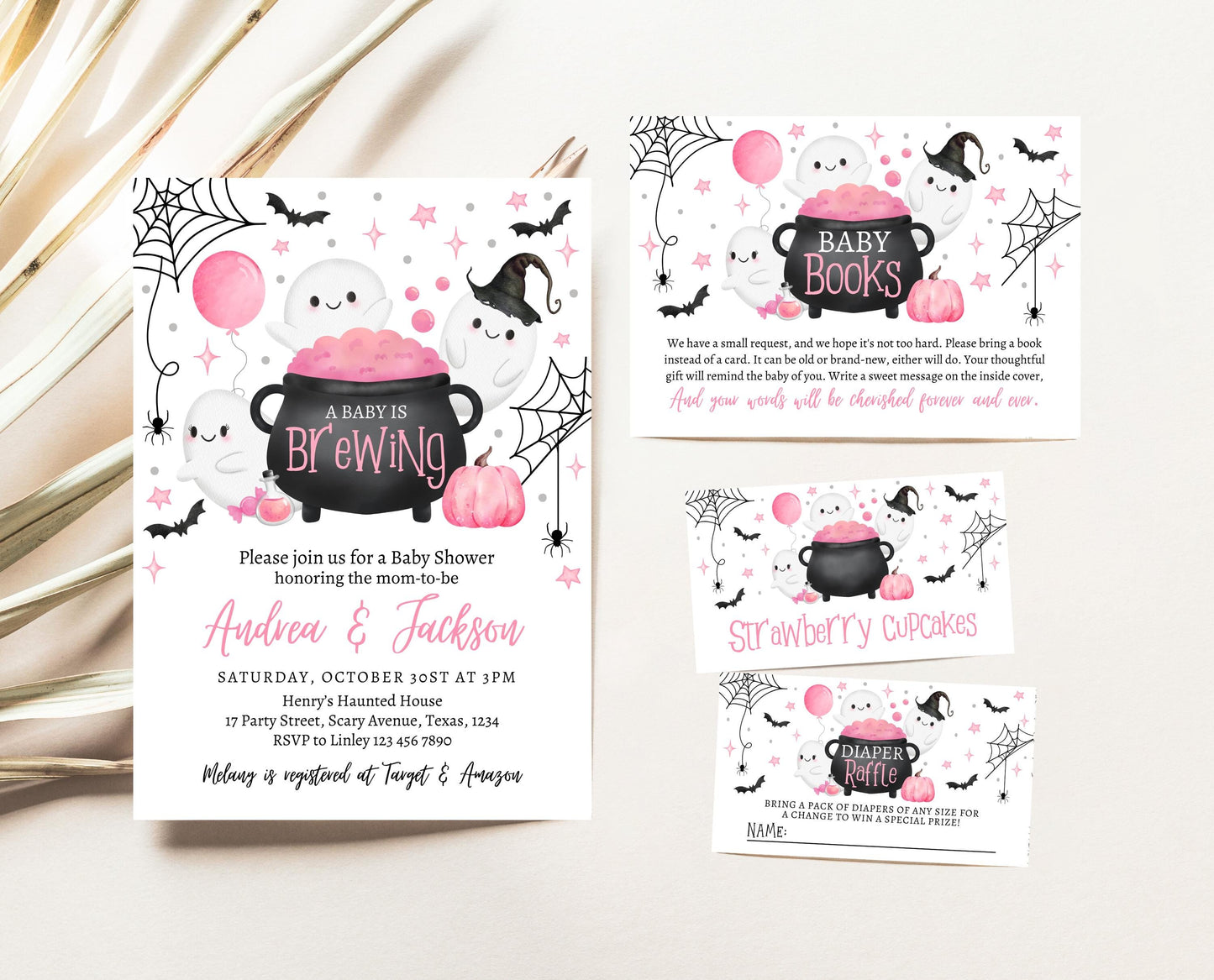 Editable A Baby Is Brewing Halloween Baby Shower Invitation Bundle, Pink Halloween Baby Shower Invite, Girl Baby Shower, Printable, HBSC08