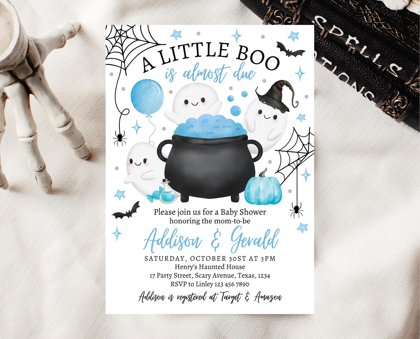 Editable Little Boo Baby Shower Invitation, Boy Ghost Baby Shower Invitation, Blue Halloween Invitation, Witch Baby Shower Invite, HBSC09