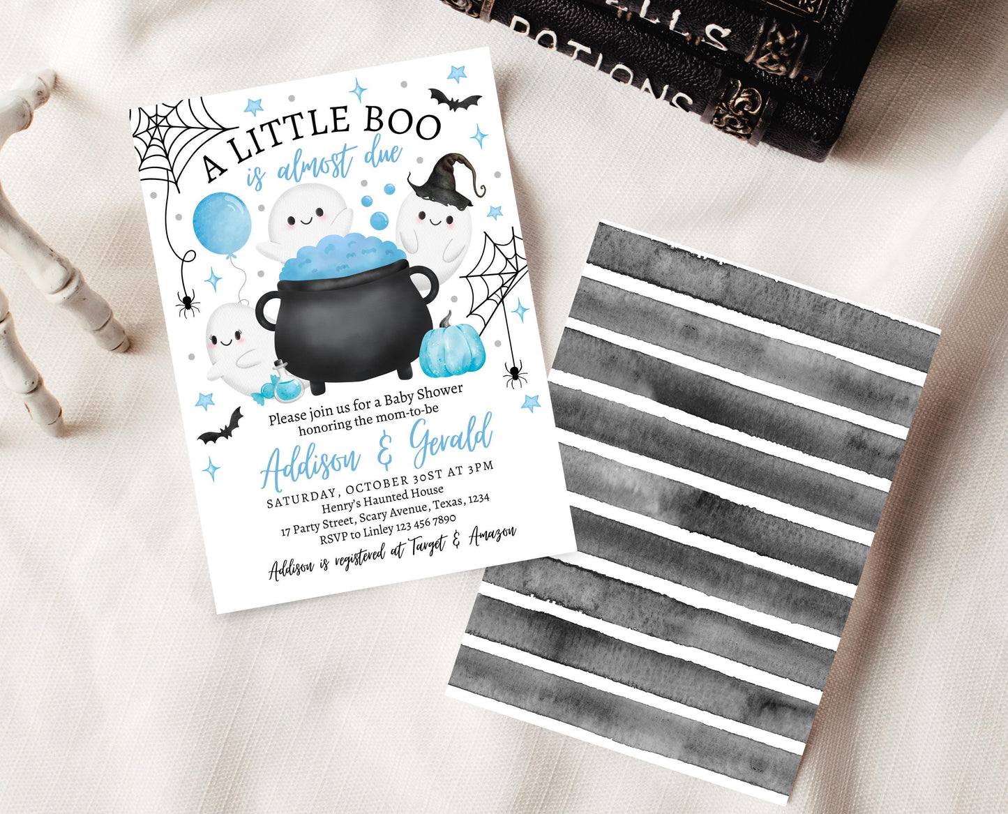 Editable Little Boo Baby Shower Invitation, Boy Ghost Baby Shower Invitation, Blue Halloween Invitation, Witch Baby Shower Invite, HBSC09