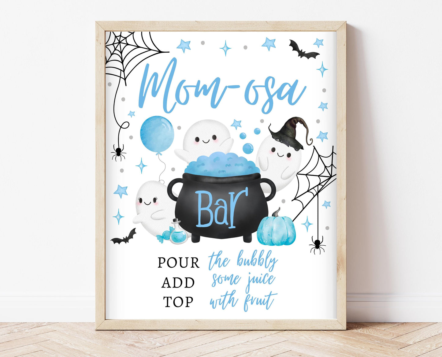 Mom-osa Sign Halloween Baby Shower, Blue Baby Shower Mimosa Sign, Printable Halloween Sign, A Little Boo Is Almost Due Baby Shower, HBSC09