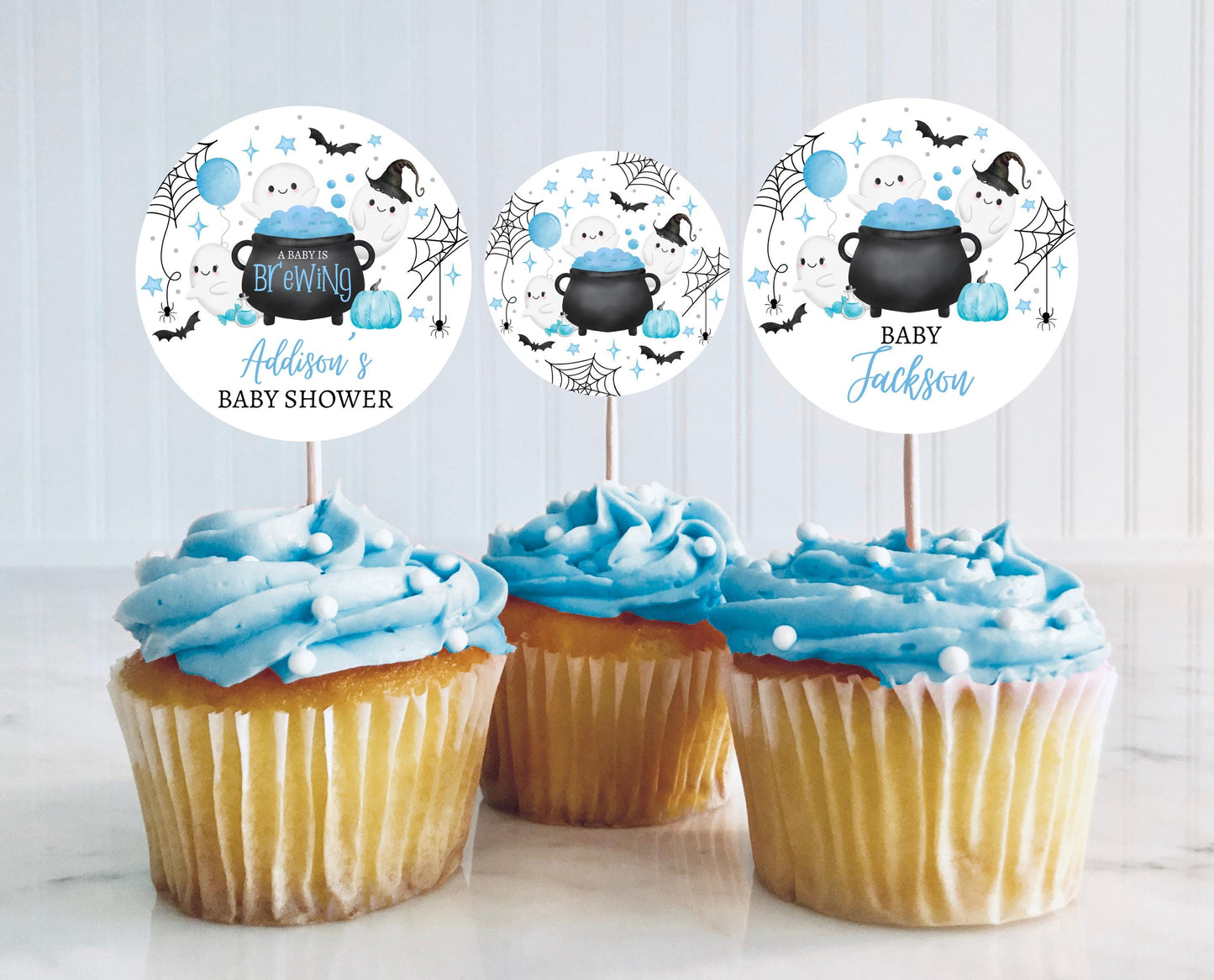 Editable A Little Boo Is Almost Due Baby Shower Cupcake Toppers, Blue Boy Baby Shower Cake Topper, Halloween Baby Shower Toppers, HBSC09