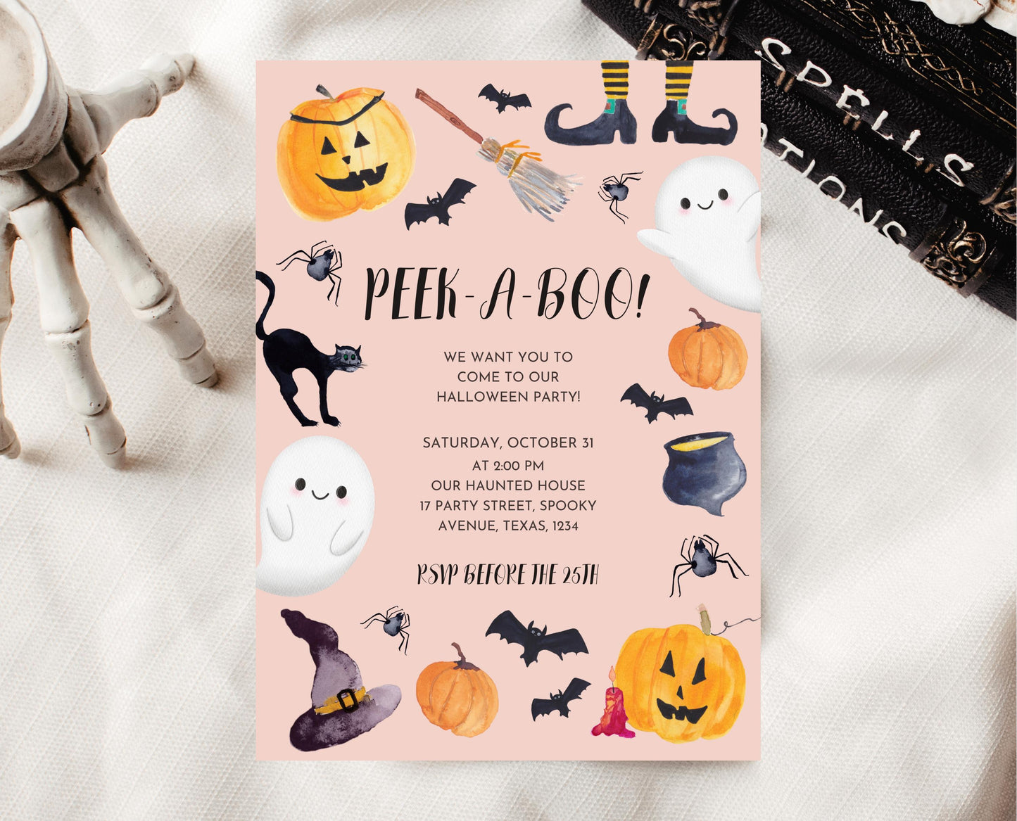 Editable Halloween Party Invitation, Modern Halloween Party Invite, Halloween PEEK-A-BOO Invite, Cute, Pink, Orange, Watercolour, Printable