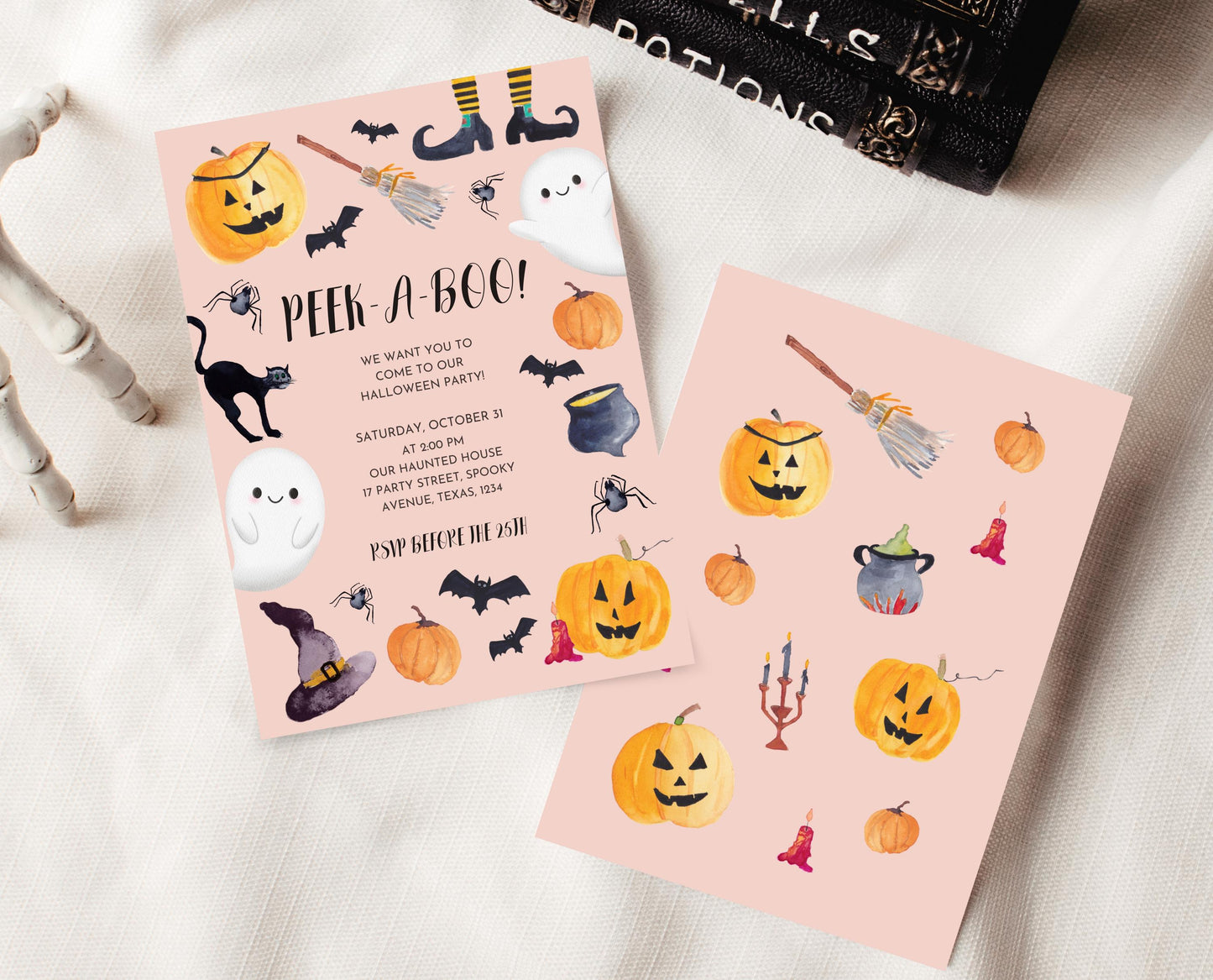 Editable Halloween Party Invitation, Modern Halloween Party Invite, Halloween PEEK-A-BOO Invite, Cute, Pink, Orange, Watercolour, Printable