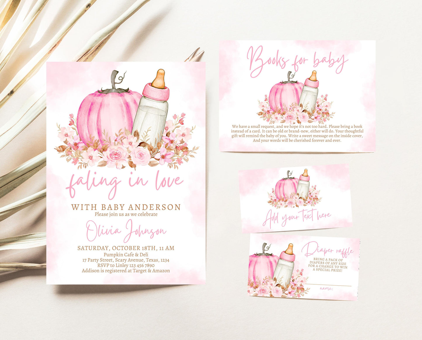 Editable Girl Fall Baby Shower Invitation Bundle, Pink Fall Pumpkin Baby Shower, Fall Floral Baby Shower, Autumn Baby Shower, Pink, FPBS02