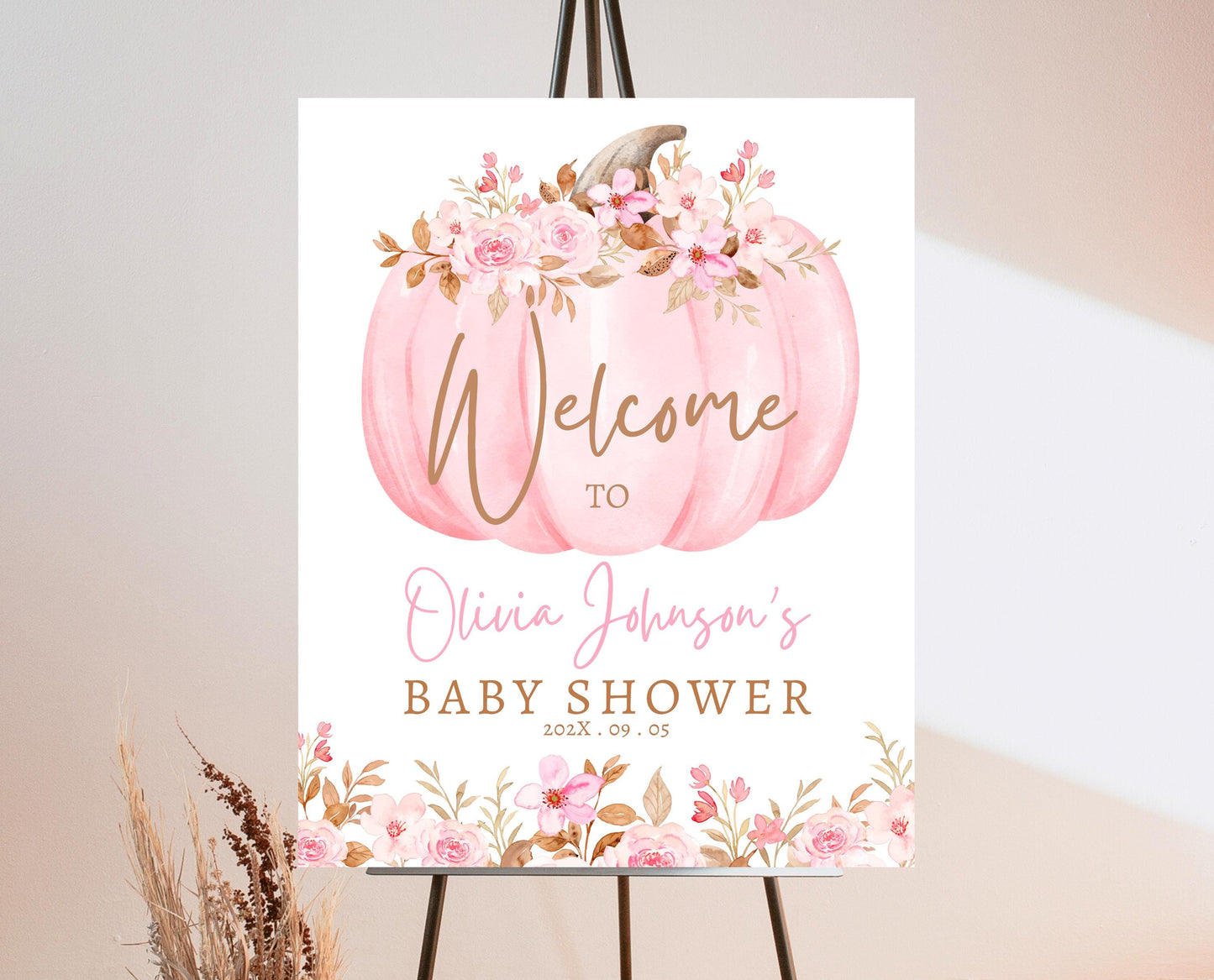 Editable Fall Baby Shower Welcome Sign, Pink Pumpkin Baby Shower Sign, Girl Baby Shower, Pink Autumn Baby Shower, Welcome Poster, FPBS04