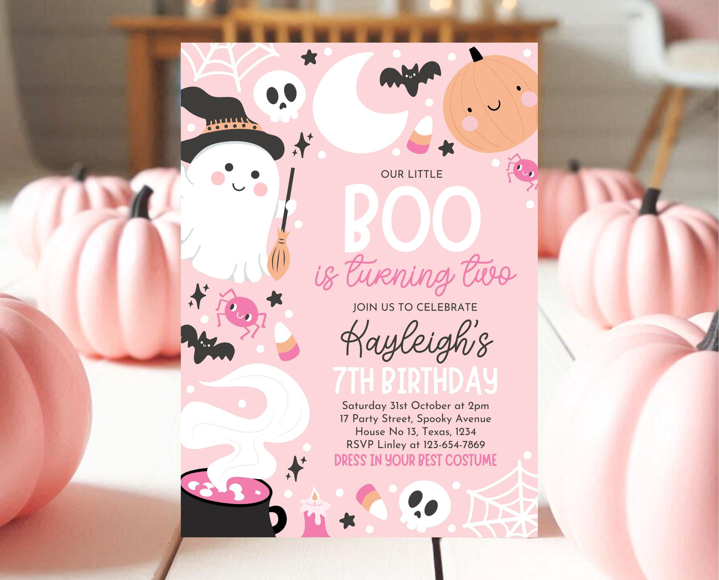 Editable Pink Halloween Birthday Invitation, Halloween Second Birthday Invitation, Little Boo Turning Two, Pink Halloween Invitation, PHBP04
