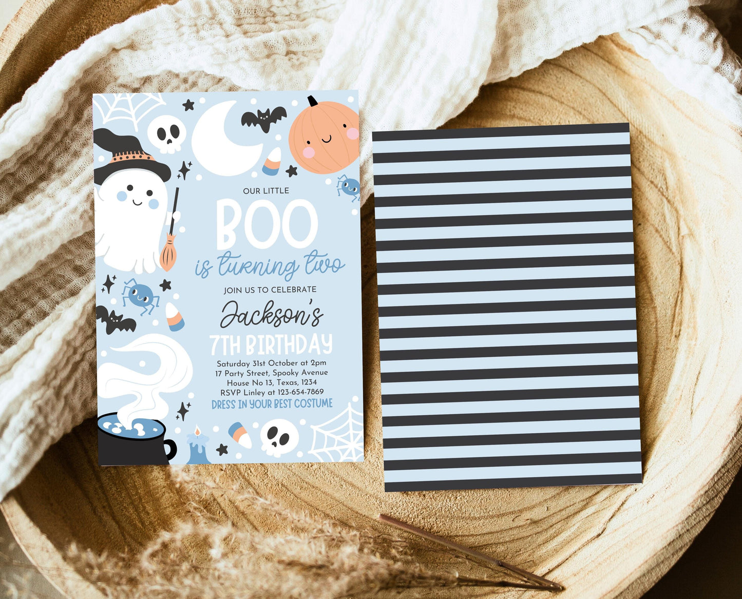 Editable Blue Halloween Birthday Invitation, Halloween Second Birthday Invitation, Little Boo Turning Two, Blue Halloween Invitation, PHBP05