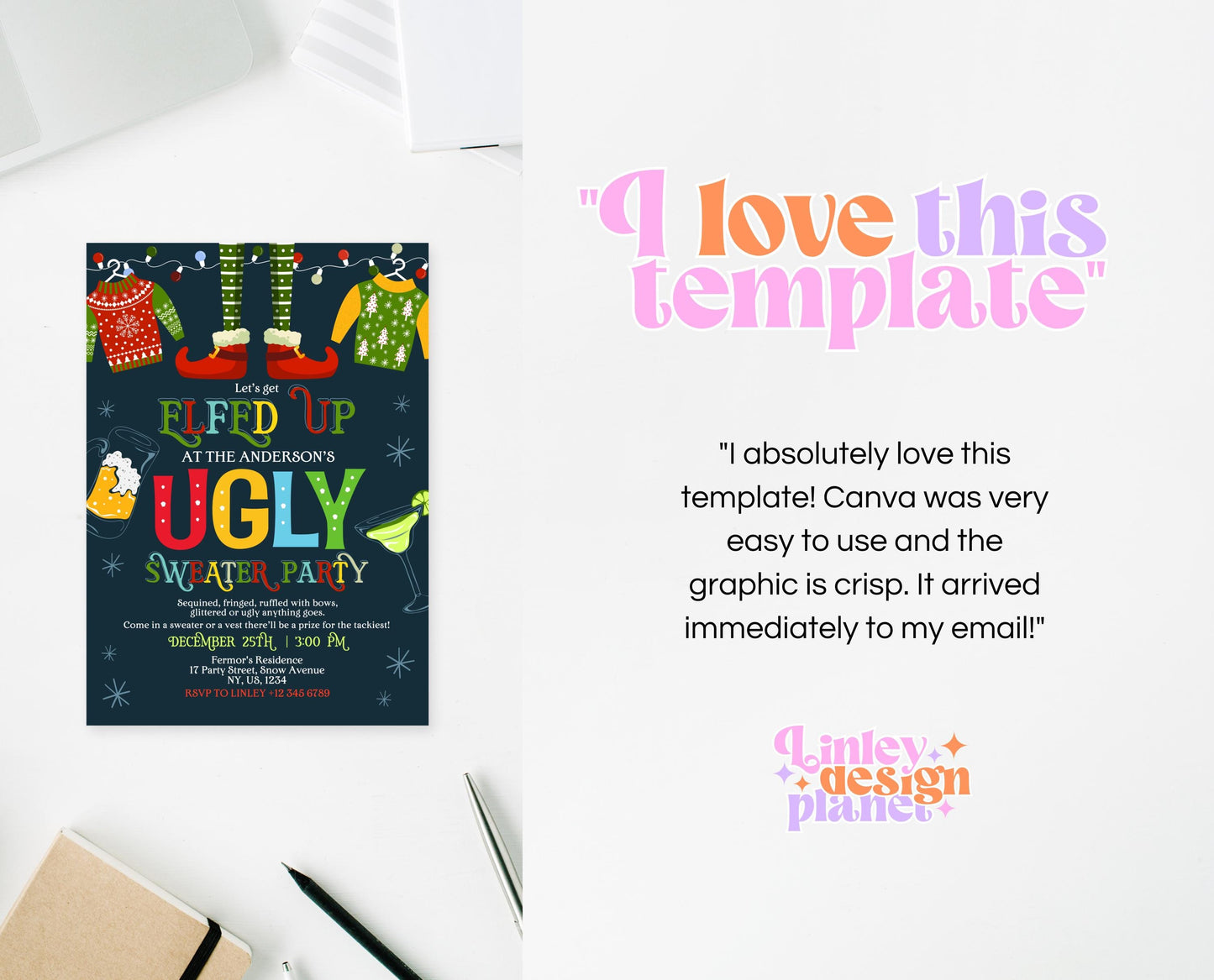 Ugly Sweater Party Invitation Template, Christmas Ugly Sweater Invite, Ugly Sweater Party, Elfed Up Ugly Sweater Party, Instant Download