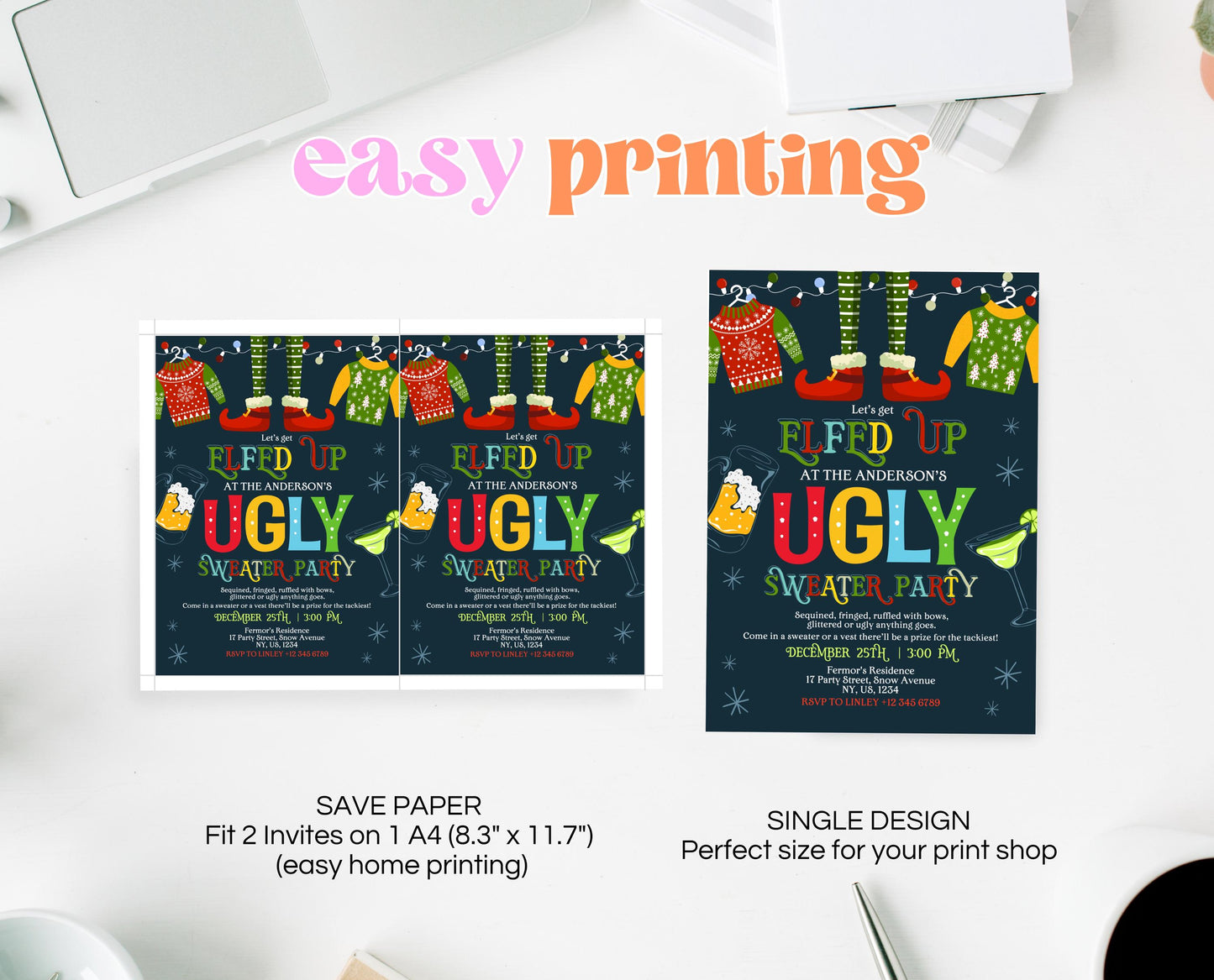 Ugly Sweater Party Invitation Template, Christmas Ugly Sweater Invite, Ugly Sweater Party, Elfed Up Ugly Sweater Party, Instant Download
