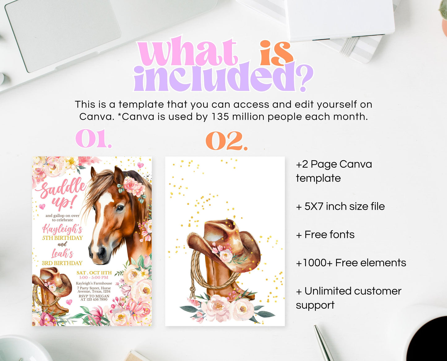 Editable Cowgirl Birthday Joint Invitation Template, Girl Horse Birthday Invitation, Cowgirl Party Horse Invite, Siblings Birthday Invite