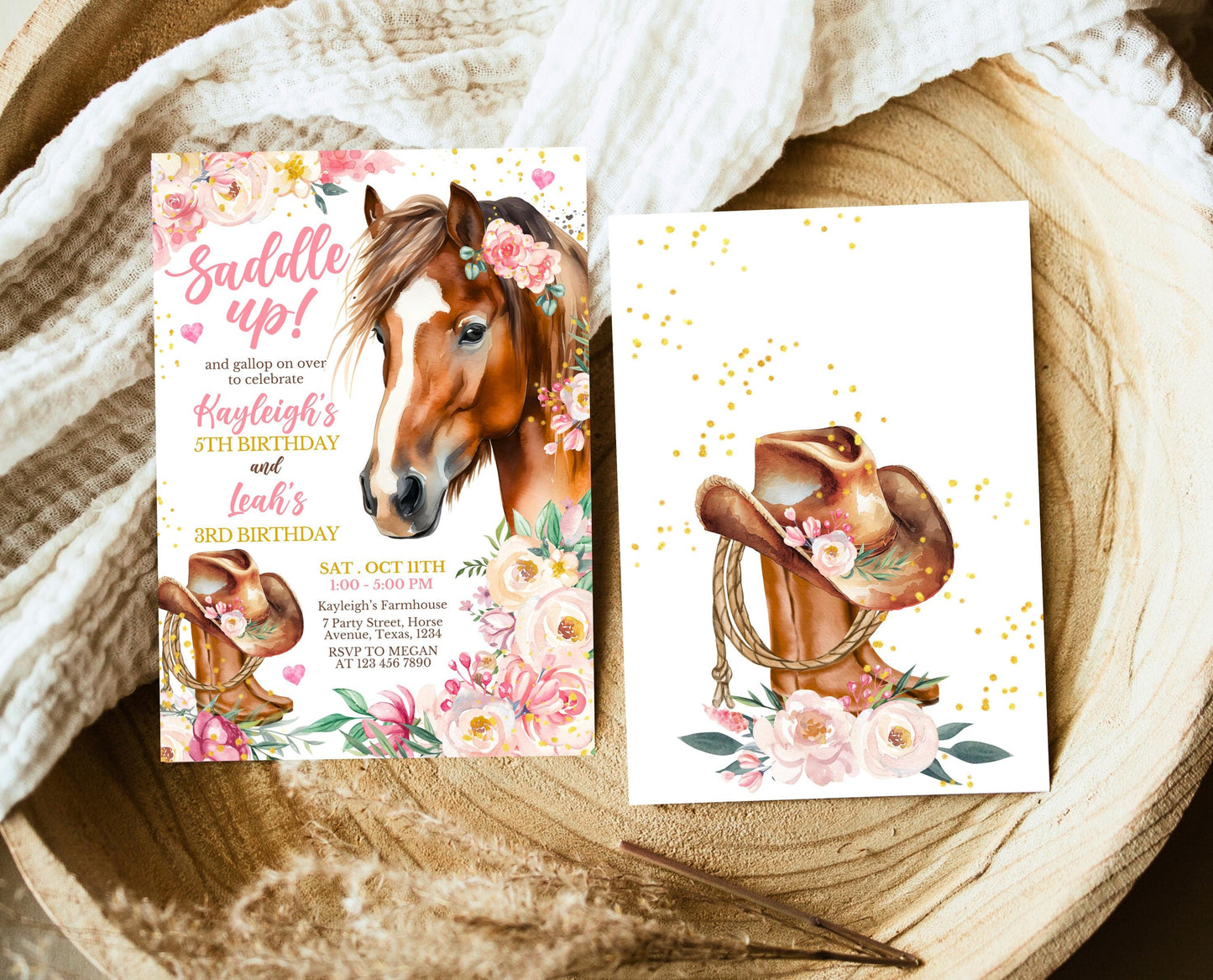 Editable Cowgirl Birthday Joint Invitation Template, Girl Horse Birthday Invitation, Cowgirl Party Horse Invite, Siblings Birthday Invite